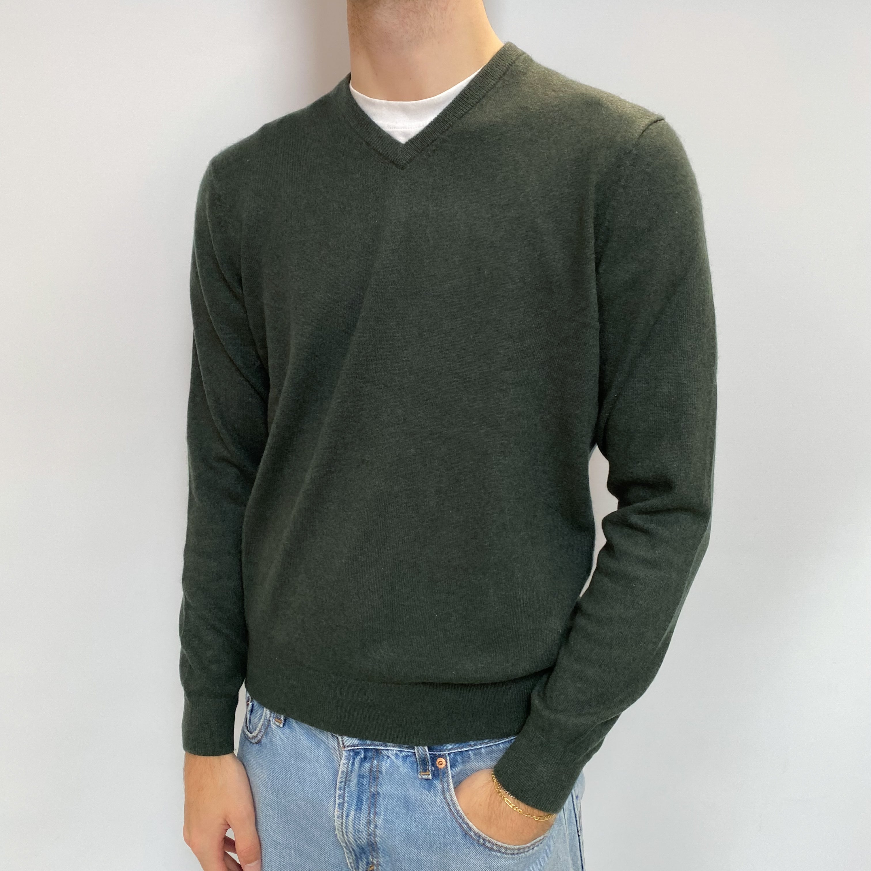 Men's Forest Green Cashmere V Neck Jumper Large