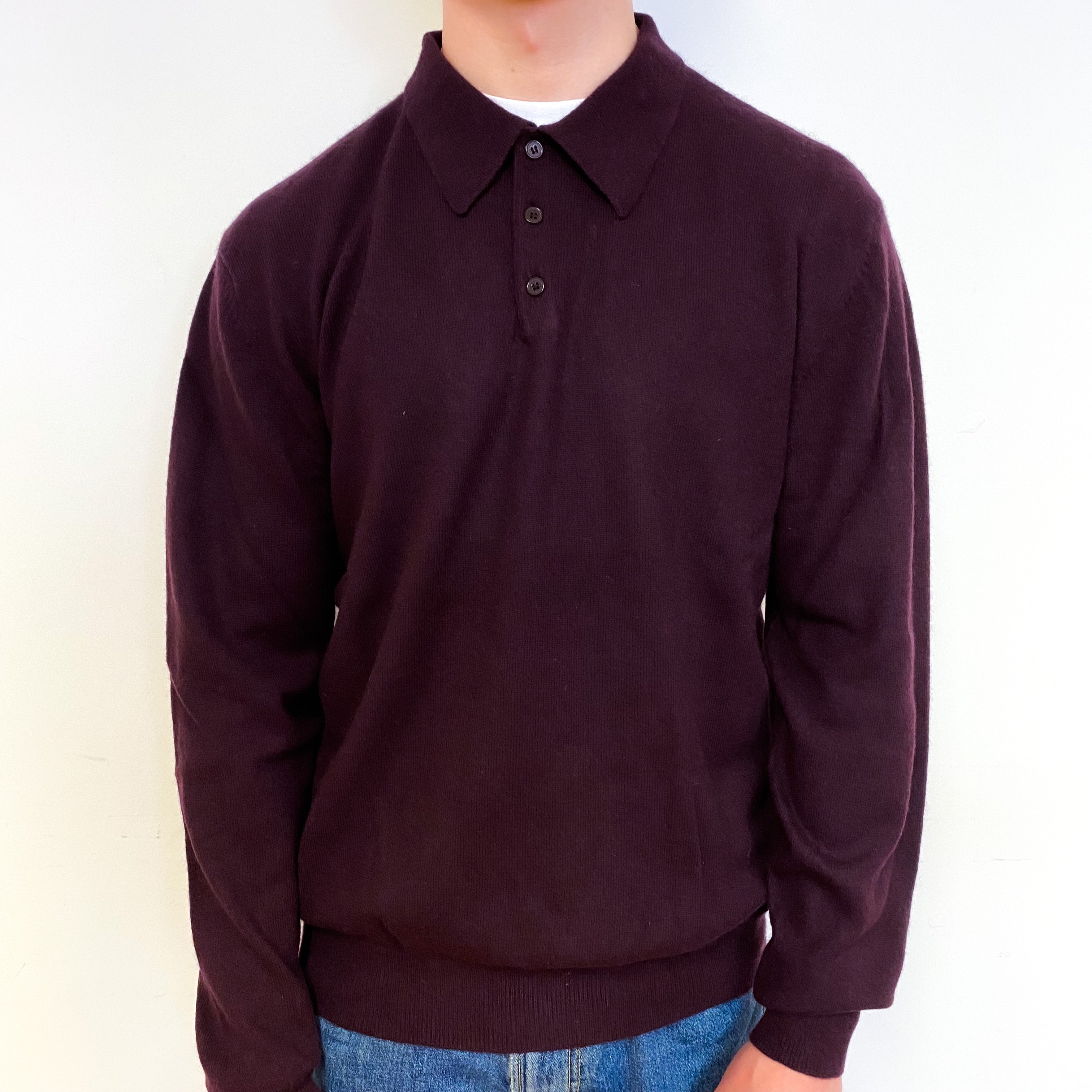Men's Deep Aubergine Purple Cashmere 1/4 Button Jumper Small