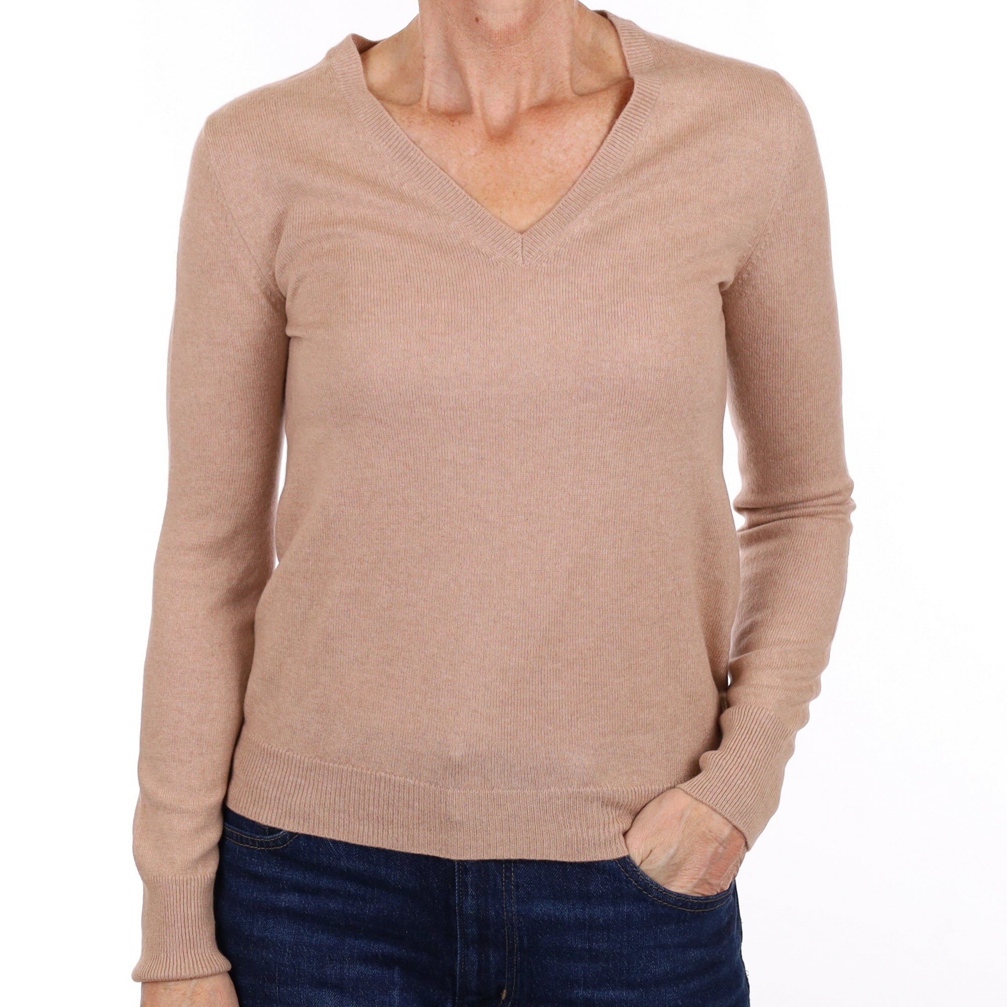 Buff Beige Cashmere V Neck Jumper Small