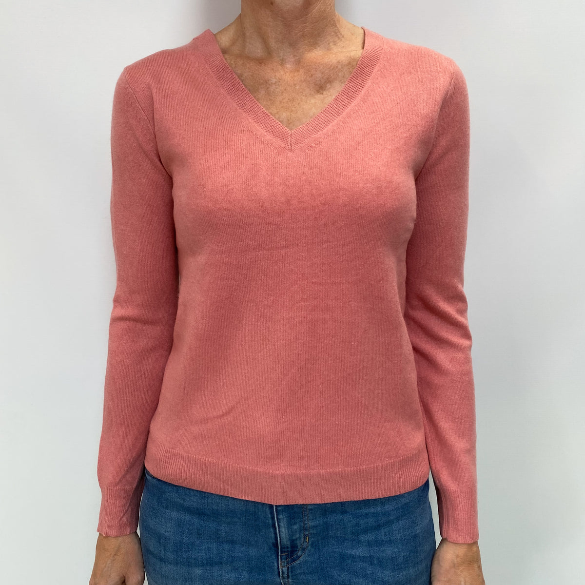 Salmon Pink Cashmere V Neck Jumper Small