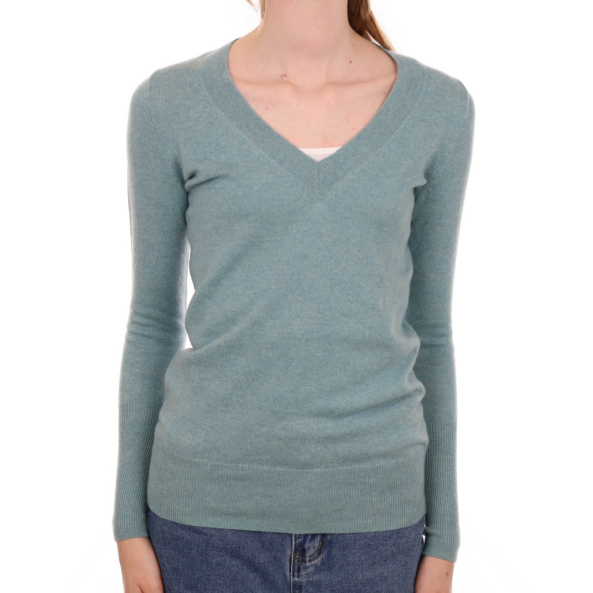 Duck Egg Blue Cashmere V Neck Jumper Extra Small