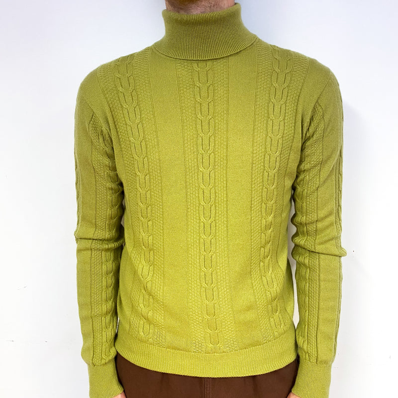 Men's Moss Green Cable Cashmere Polo Neck Jumper Medium