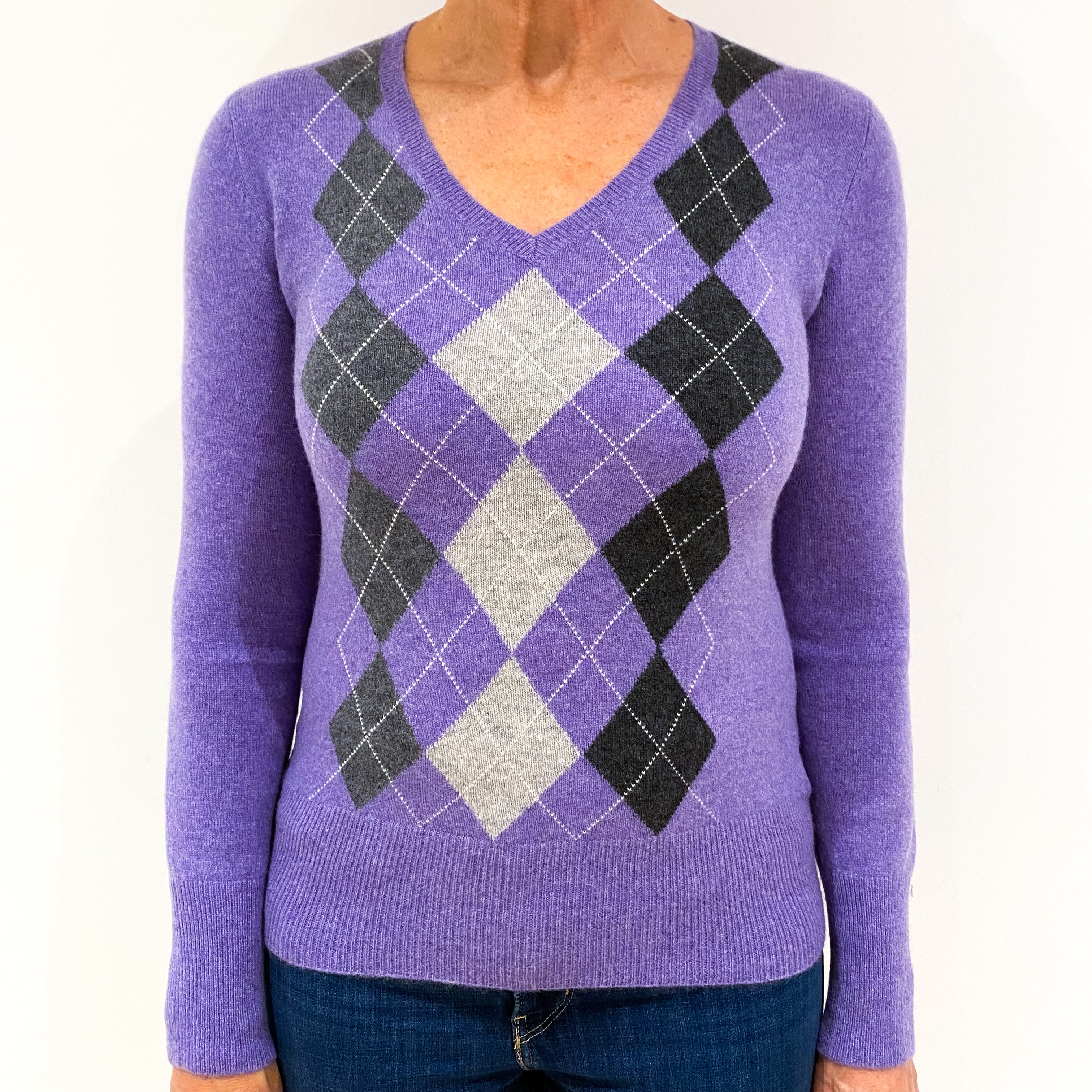 Amethyst Purple Argyle Cashmere V Neck Jumper Medium