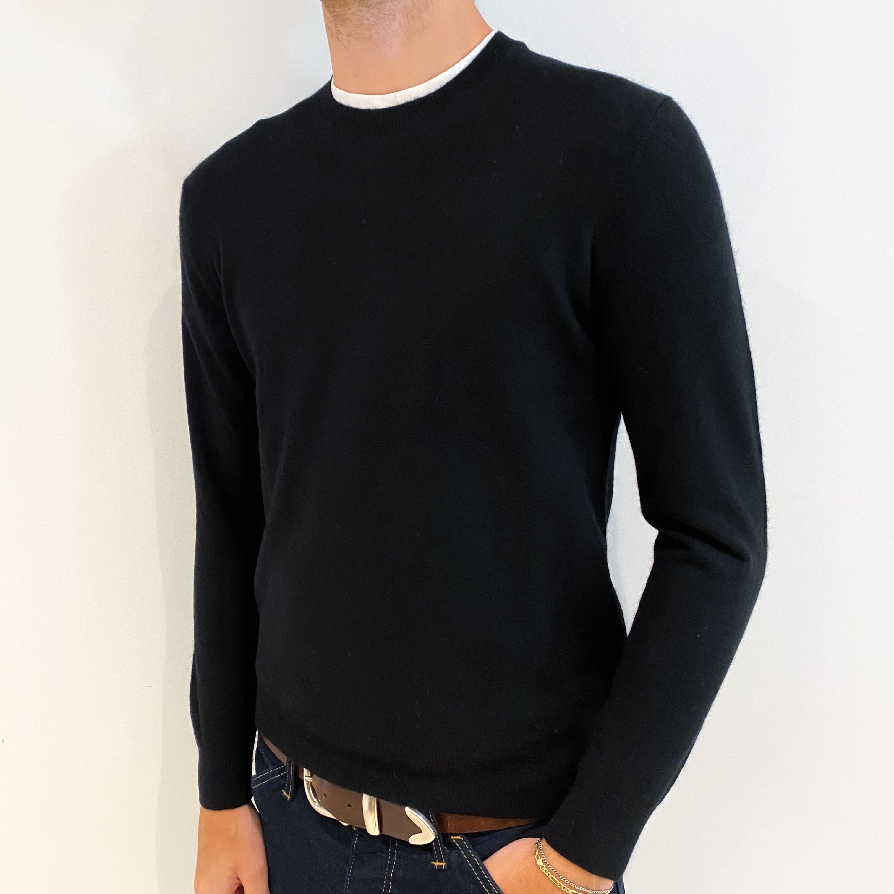 Men's Black Cashmere Crew Neck Jumper Medium