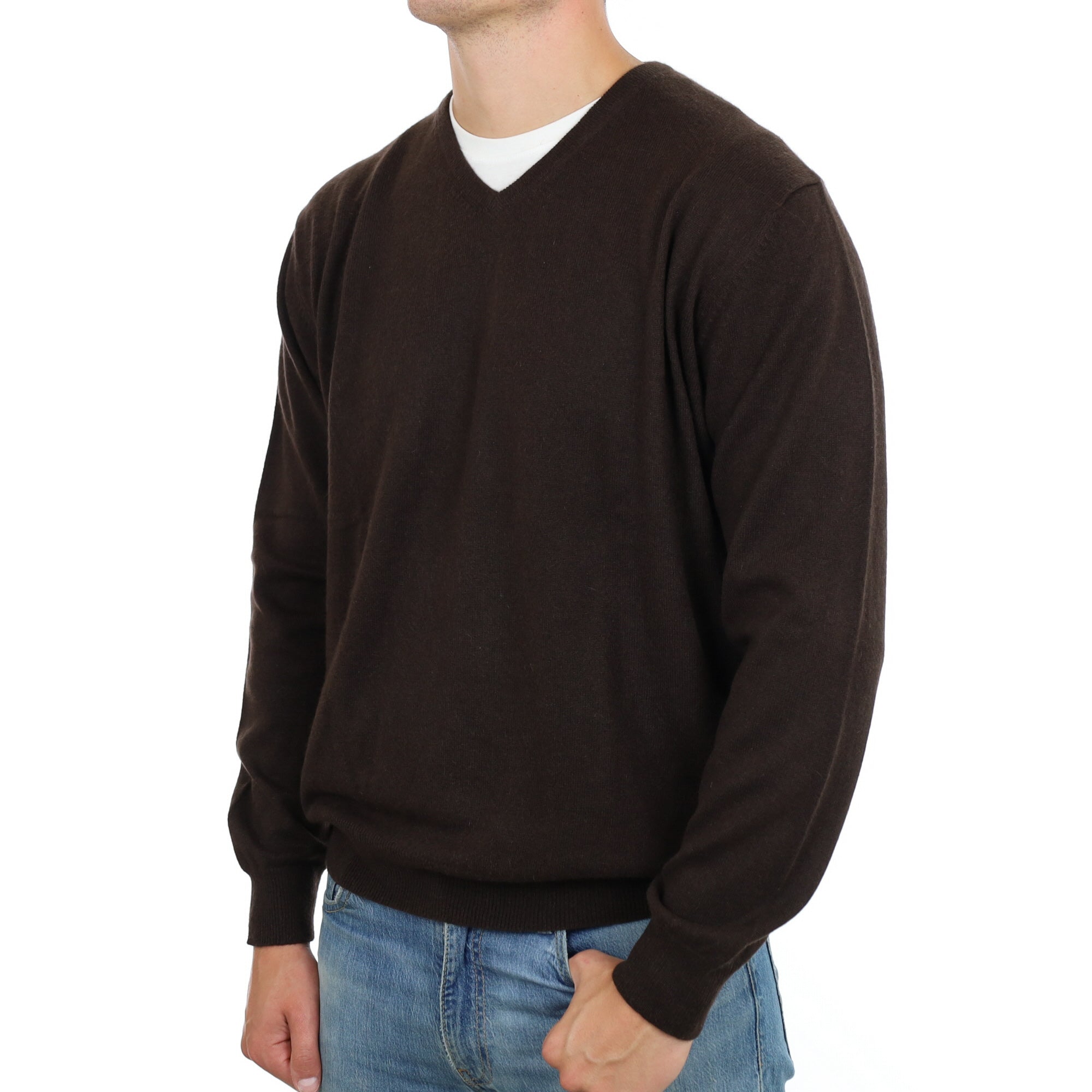 Men's Dark Chocolate Cashmere V Neck Jumper XXL