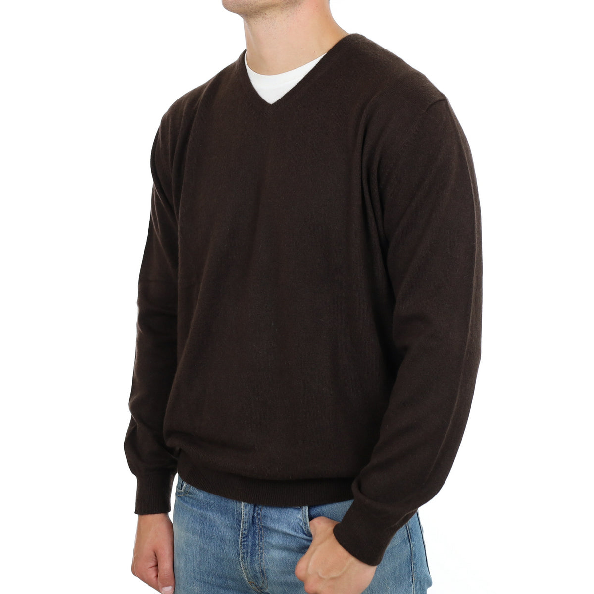 Men's Dark Chocolate Cashmere V Neck Jumper XXL