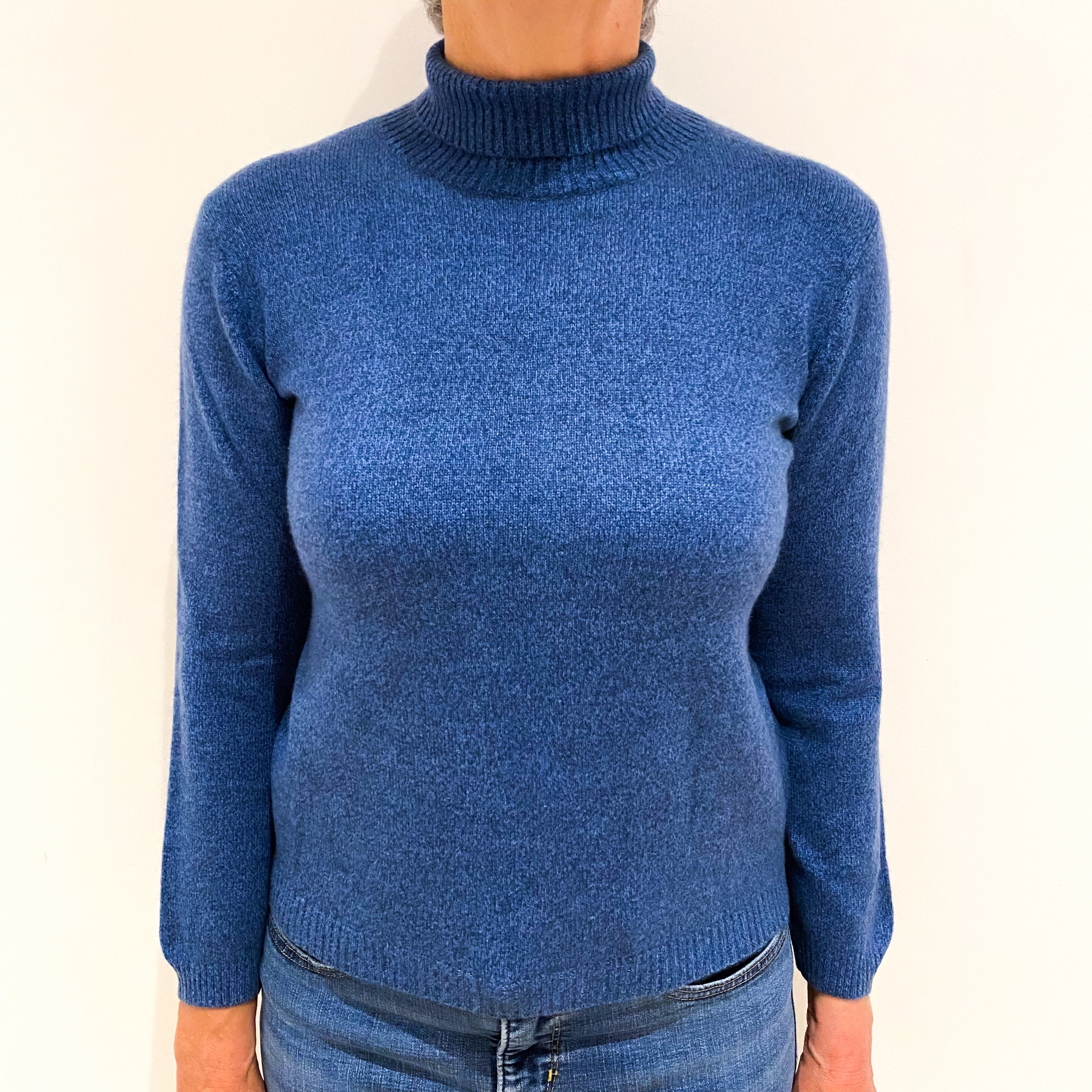 Dusky Blue Marl Cashmere Polo Neck Jumper Medium