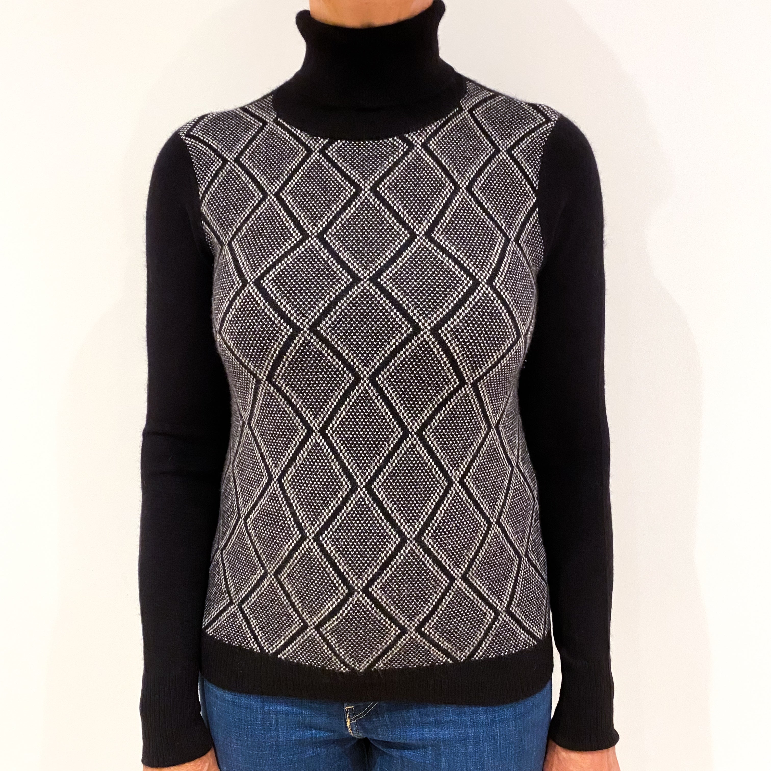 Black Diamond Pattern Cashmere Polo Neck Jumper Medium