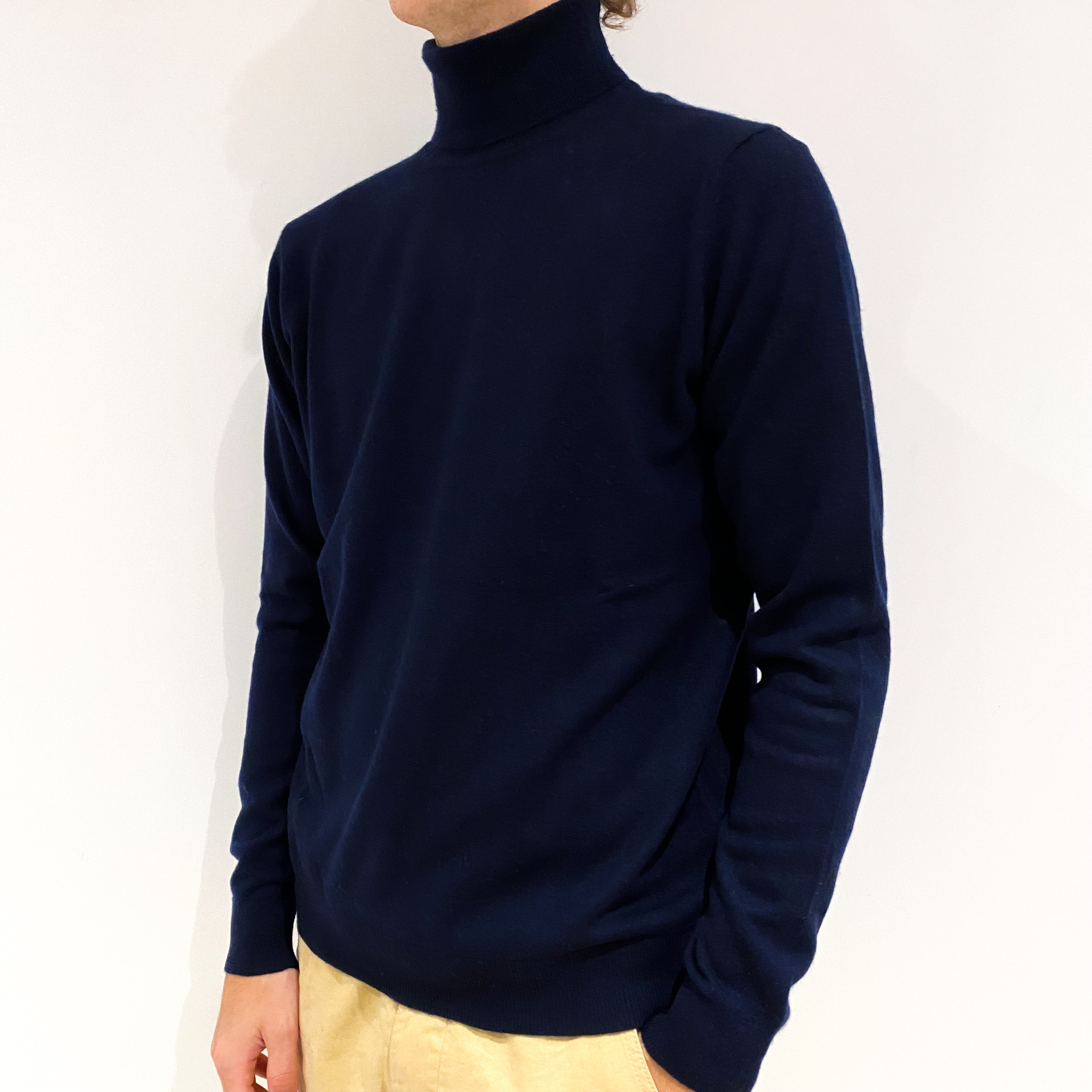 Men's Dark Navy Blue Cashmere Polo Neck Jumper Large