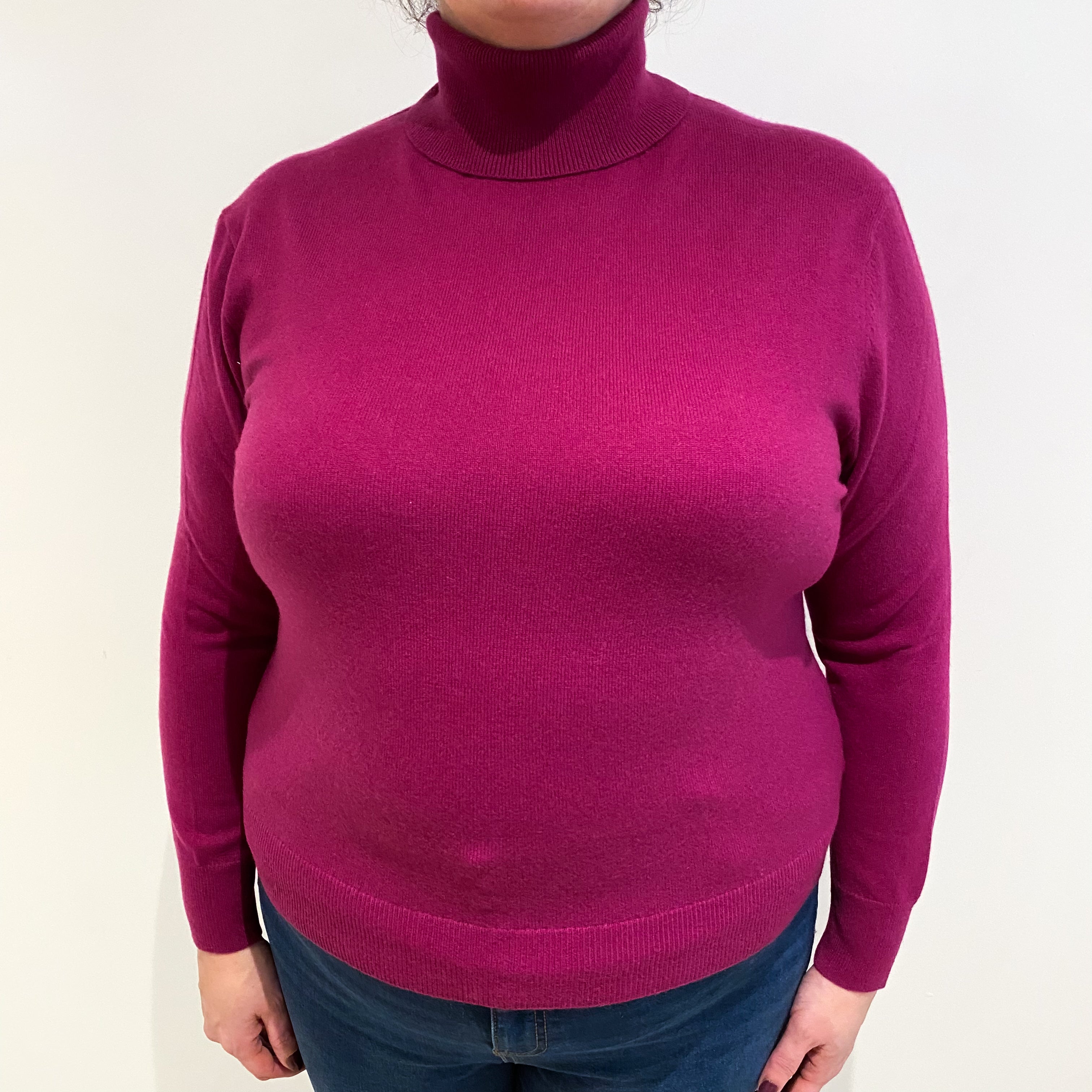 Deep Magenta Pink Cashmere Polo Neck Jumper Extra Large