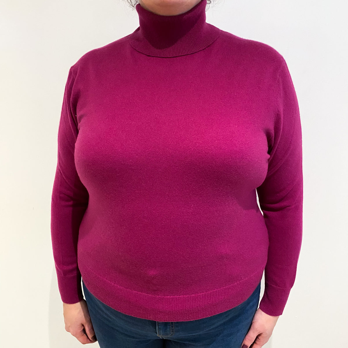 Deep Magenta Pink Cashmere Polo Neck Jumper Extra Large