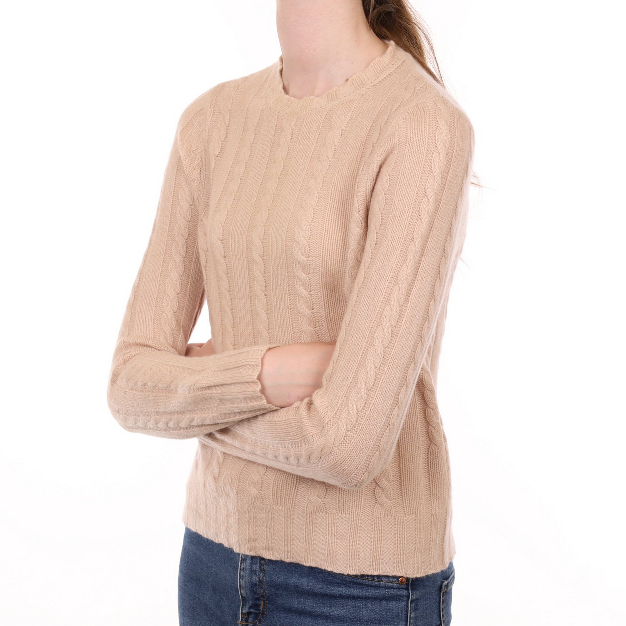 Blush Pink Cashmere Crew Neck Cable Knit Jumper Extra Small