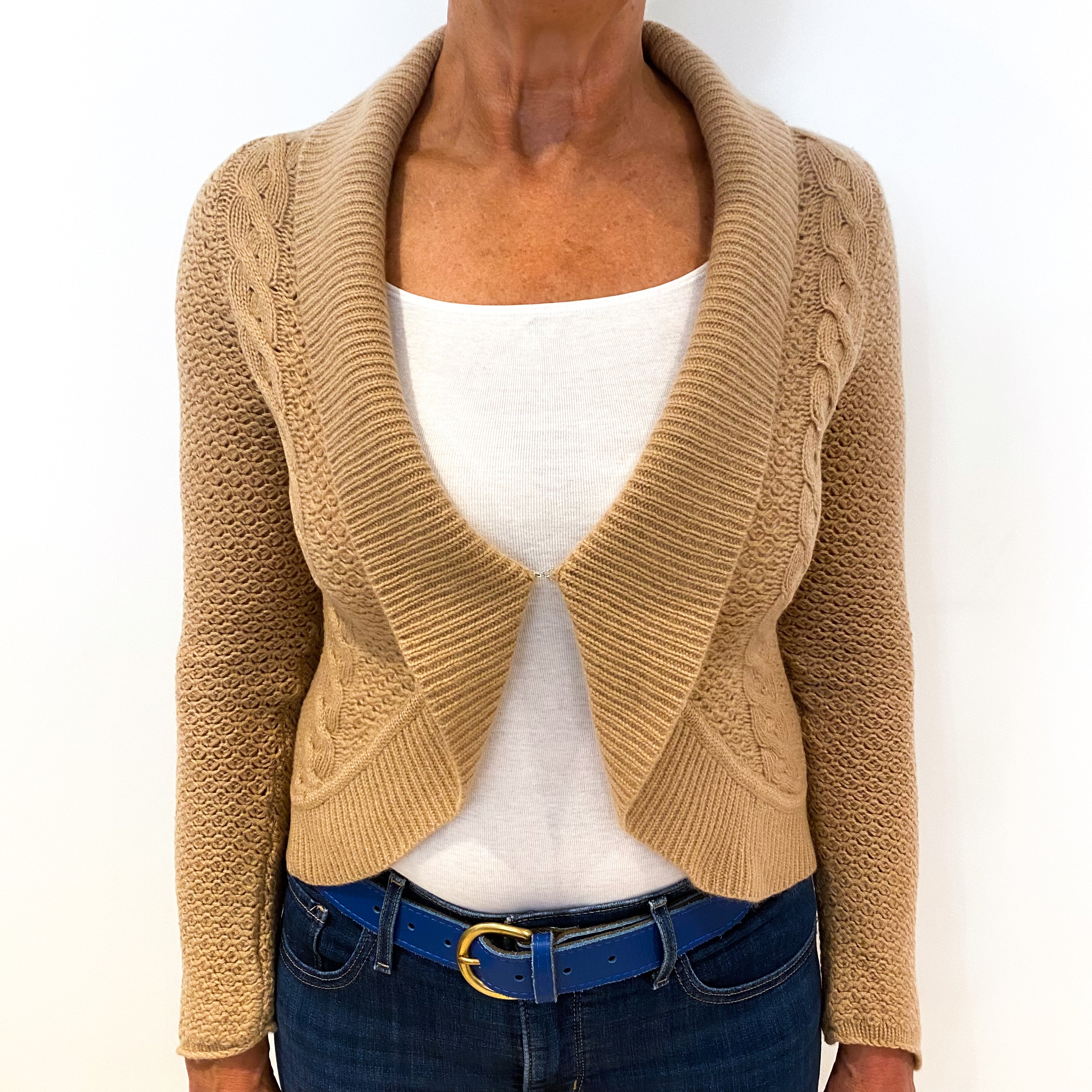 Caramel Brown Lace and Cable Knit Cashmere Cropped Cardigan Medium