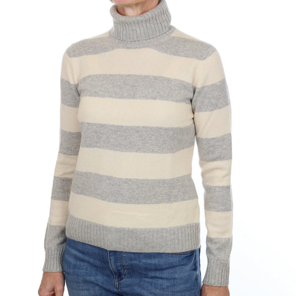 Smoke Grey and Cream Striped Cashmere Polo Neck Jumper Small