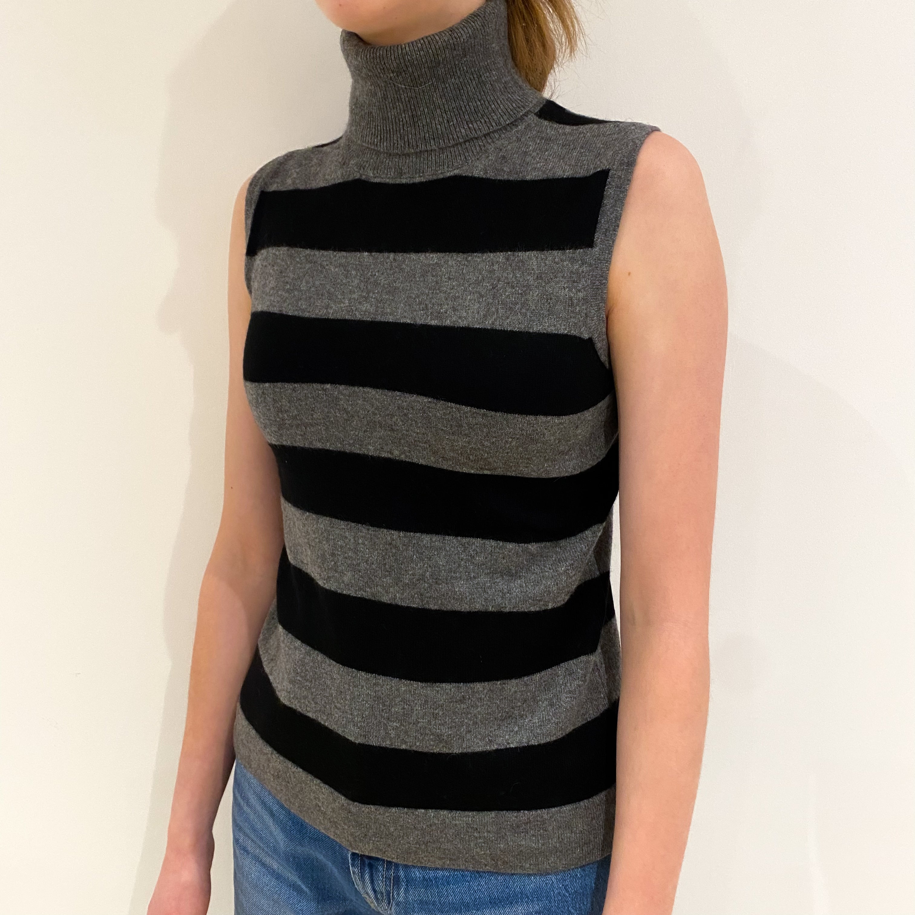 Black and Grey Stripe Cashmere Sleeveless Polo Neck Jumper Extra Small