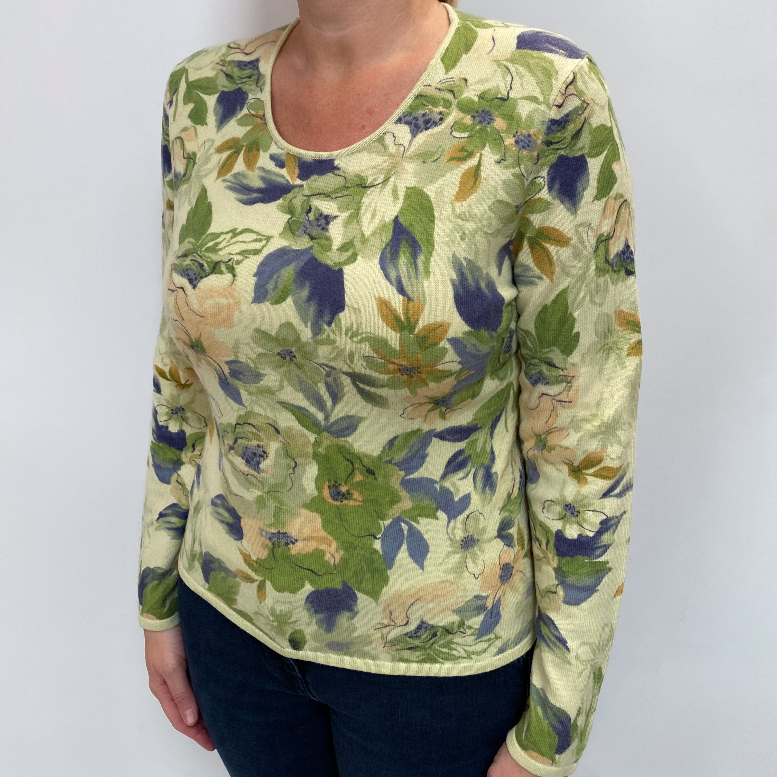Pistachio Green Floral Cashmere Crew Neck Jumper Large