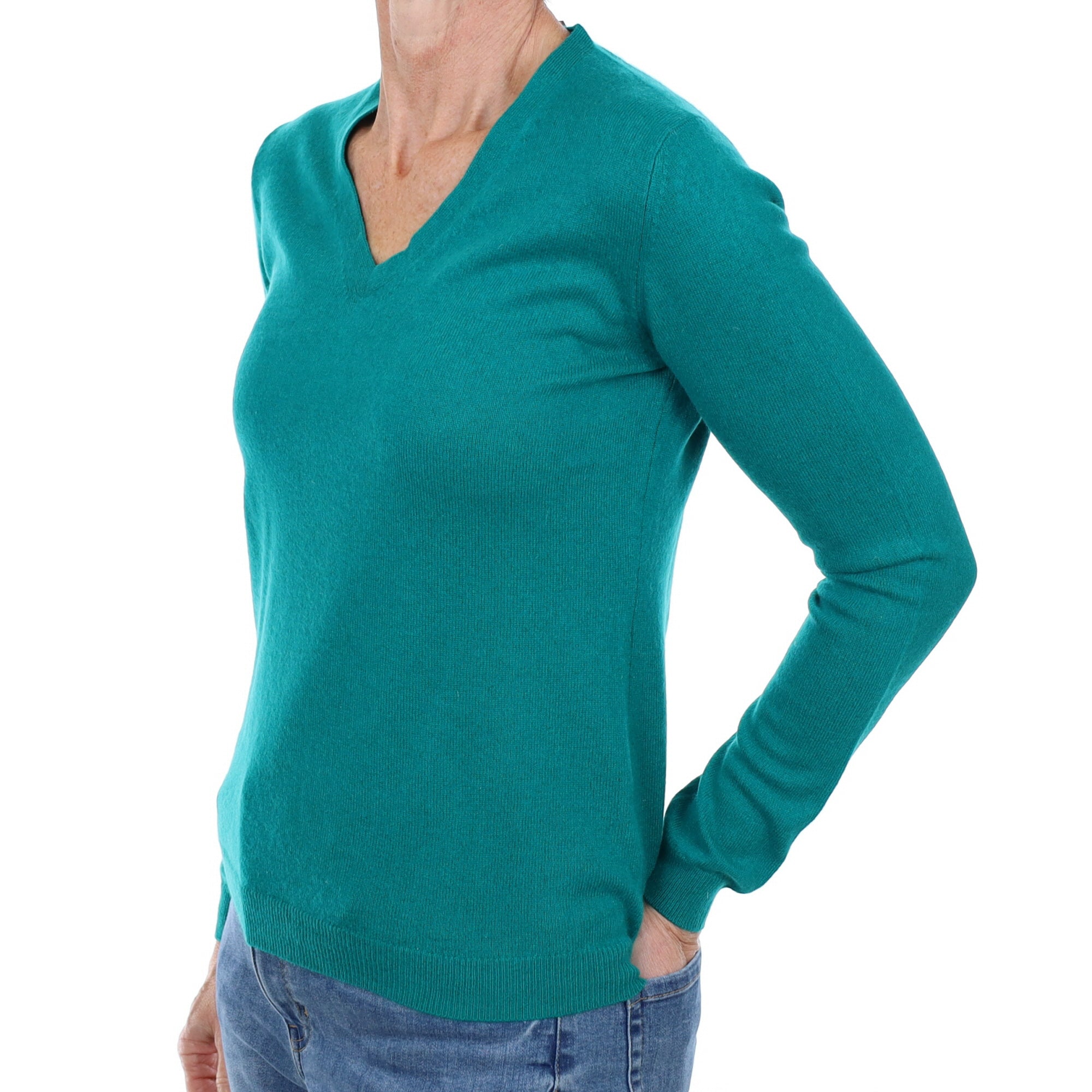 Dark Cyan Green Cashmere V Neck Jumper Small