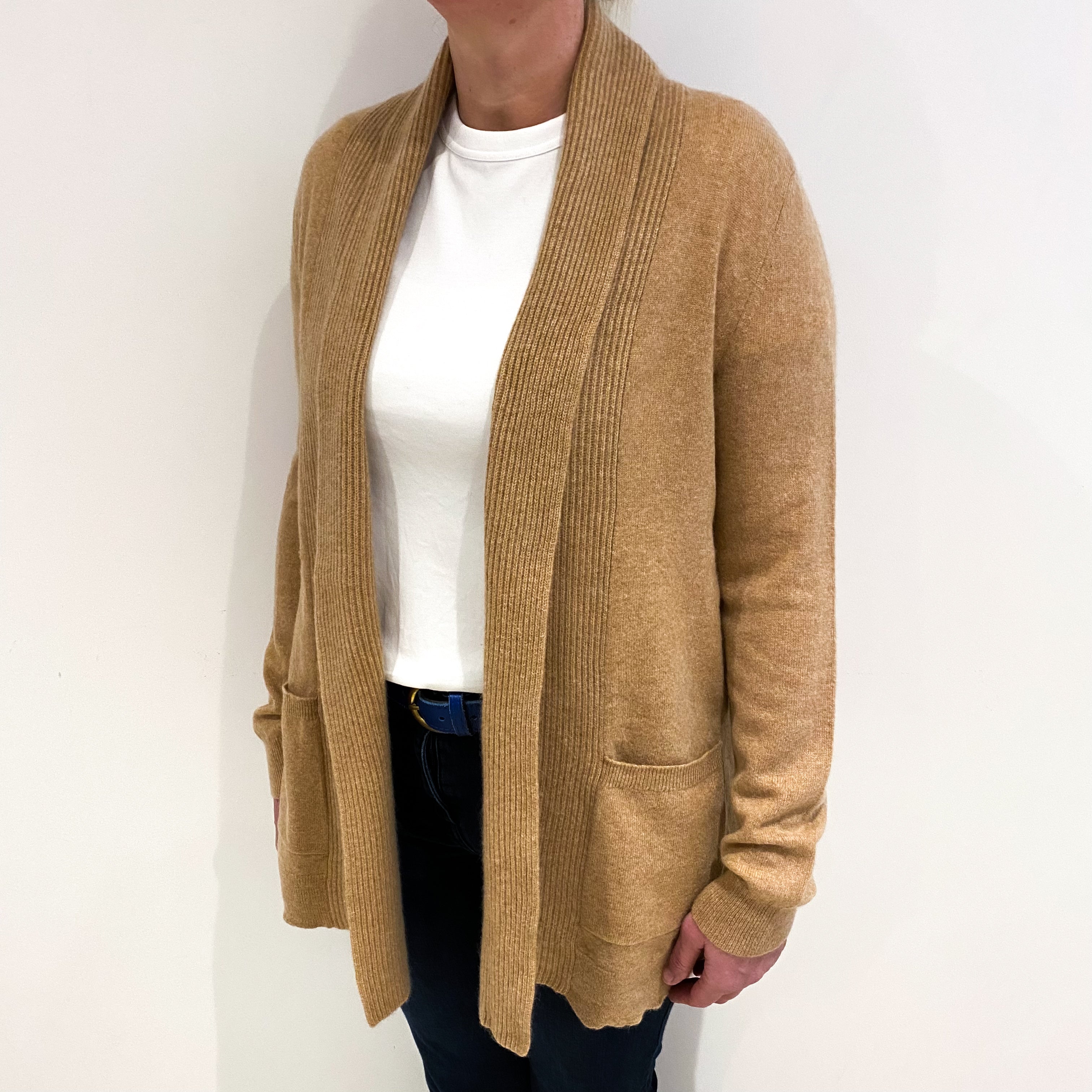 Camel Brown Cashmere Edge to Edge Cardigan with Pockets Large