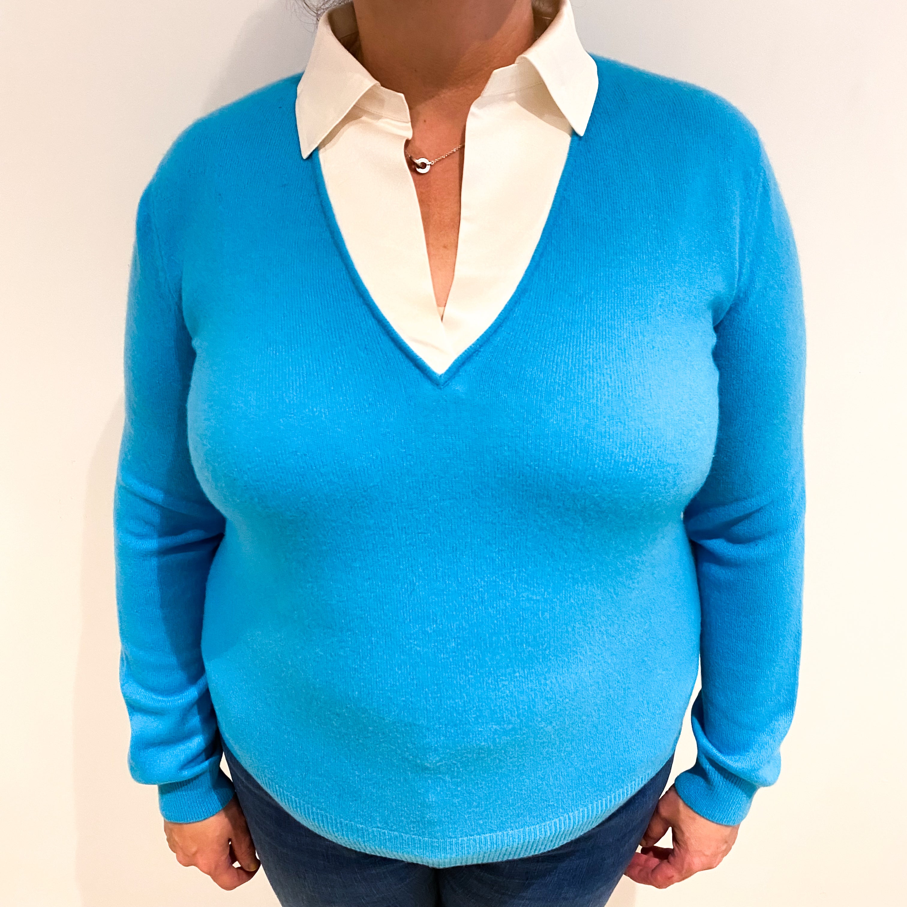 Turquoise Cashmere V Neck Jumper with Silk Collar Extra Large