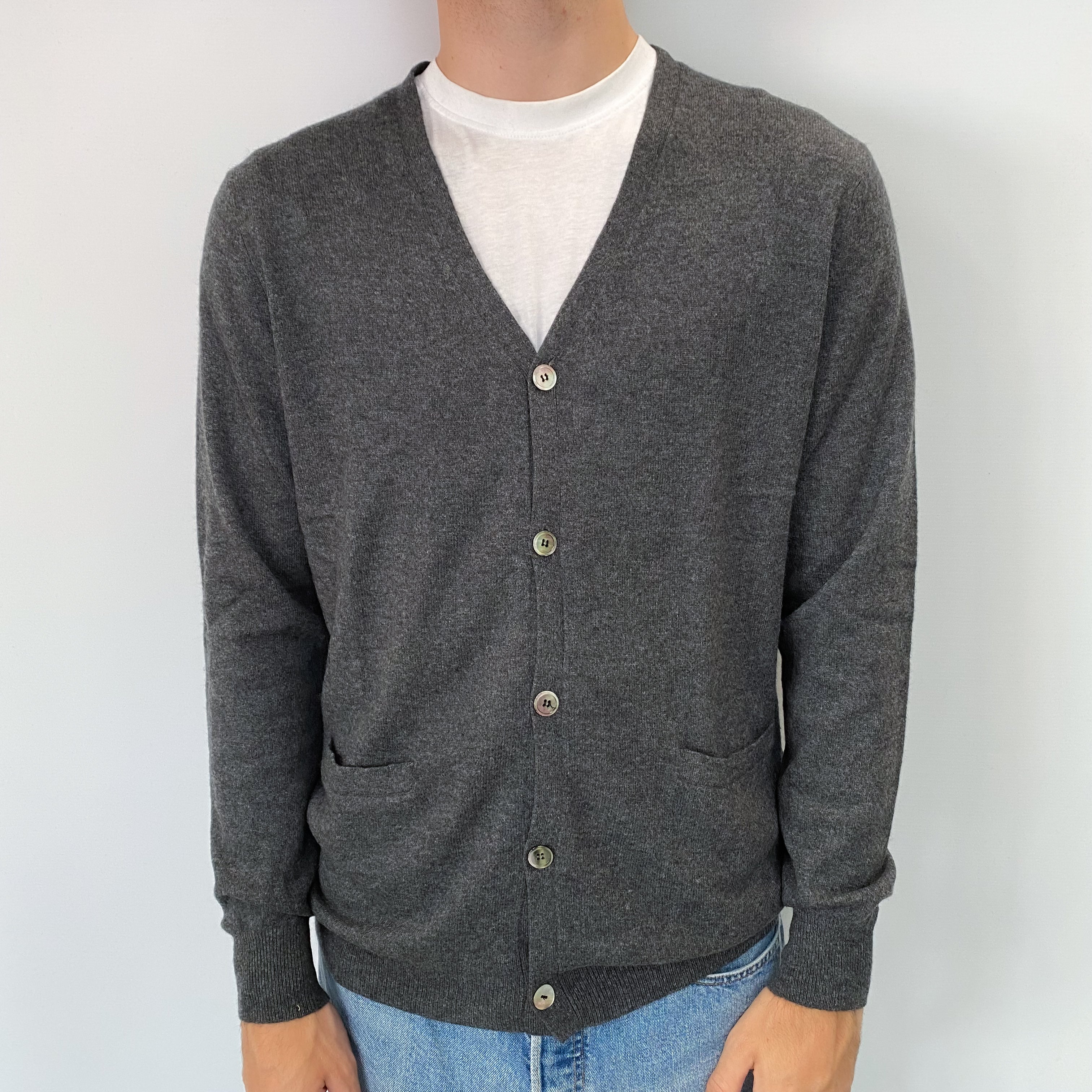 Men's Slate Grey Cashmere V Neck Cardigan Large