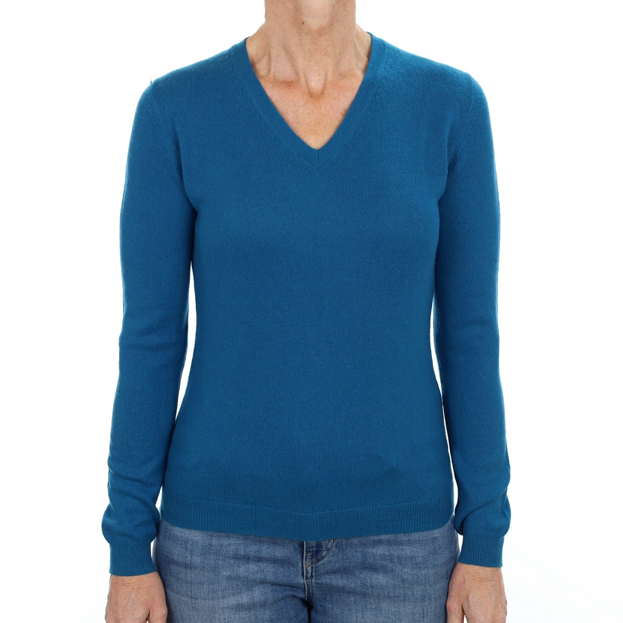 Teal Blue Cashmere V Neck Jumper Small