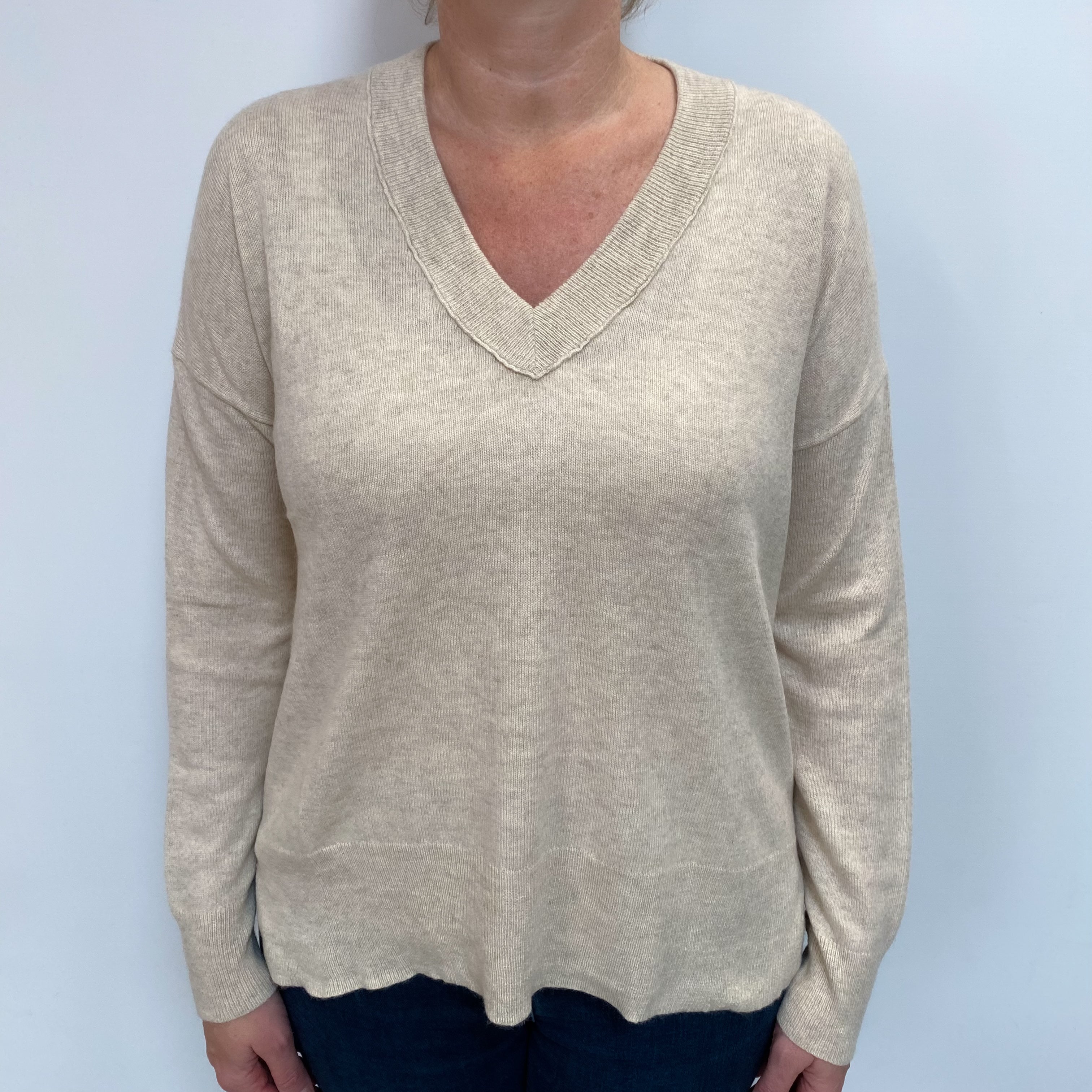 Oatmeal Beige Cashmere Slouchy V Neck Jumper Large