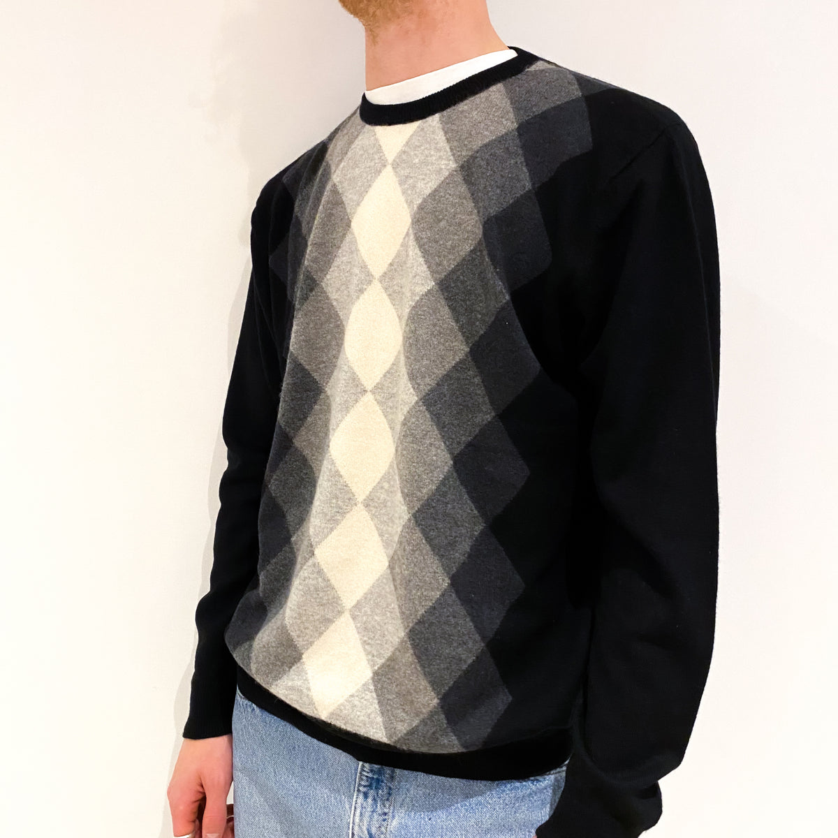 Men's Black and Grey Diamond Cashmere Crew Neck Jumper Large