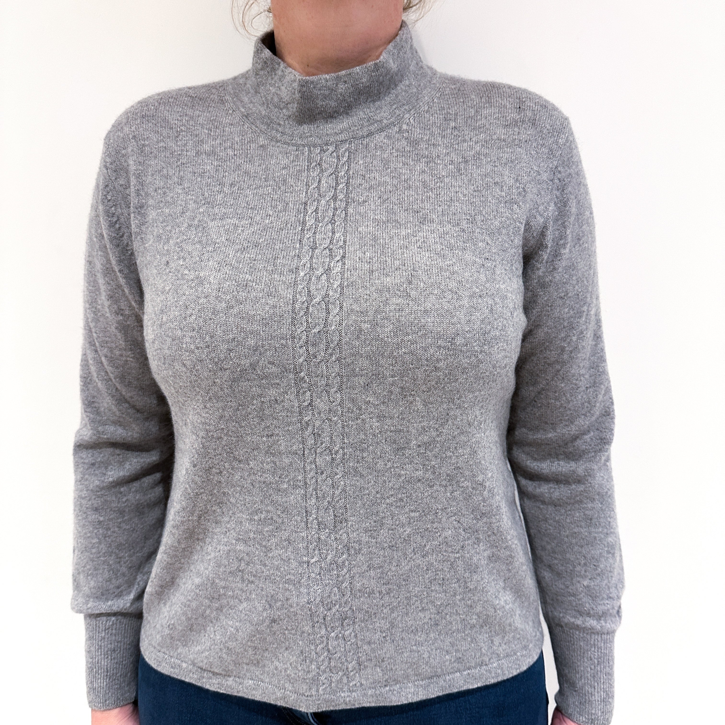 Smoke Grey Cable Detail Cashmere Turtle Neck Jumper Large