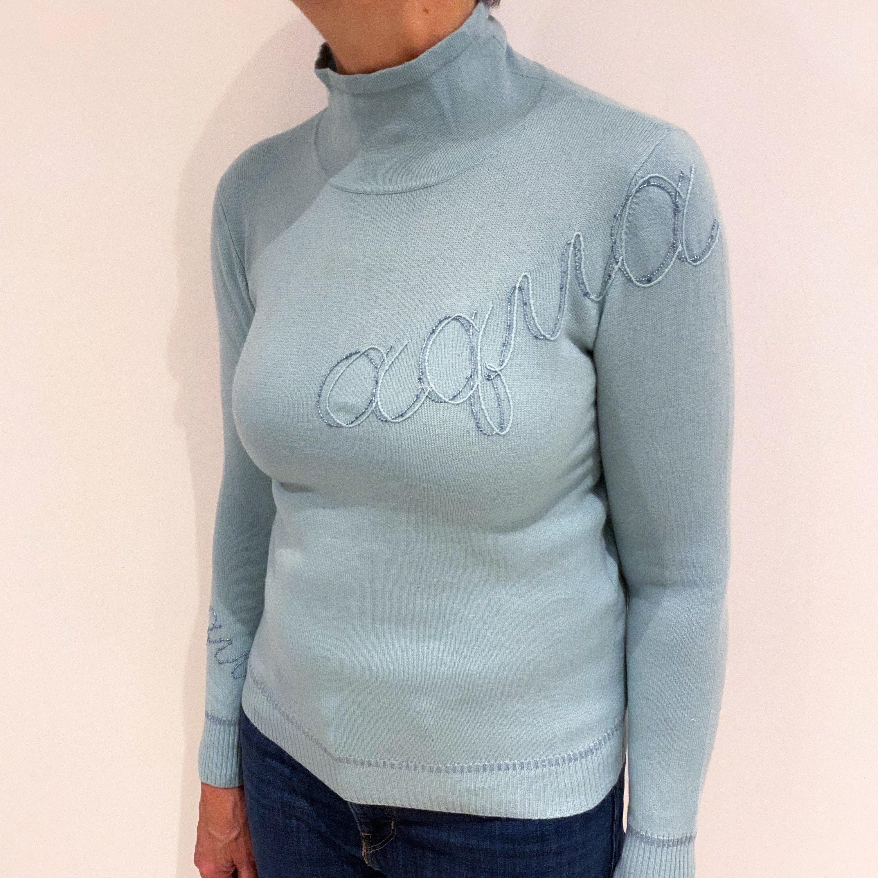 Mint Green Slogan Cashmere Funnel Neck Jumper Medium