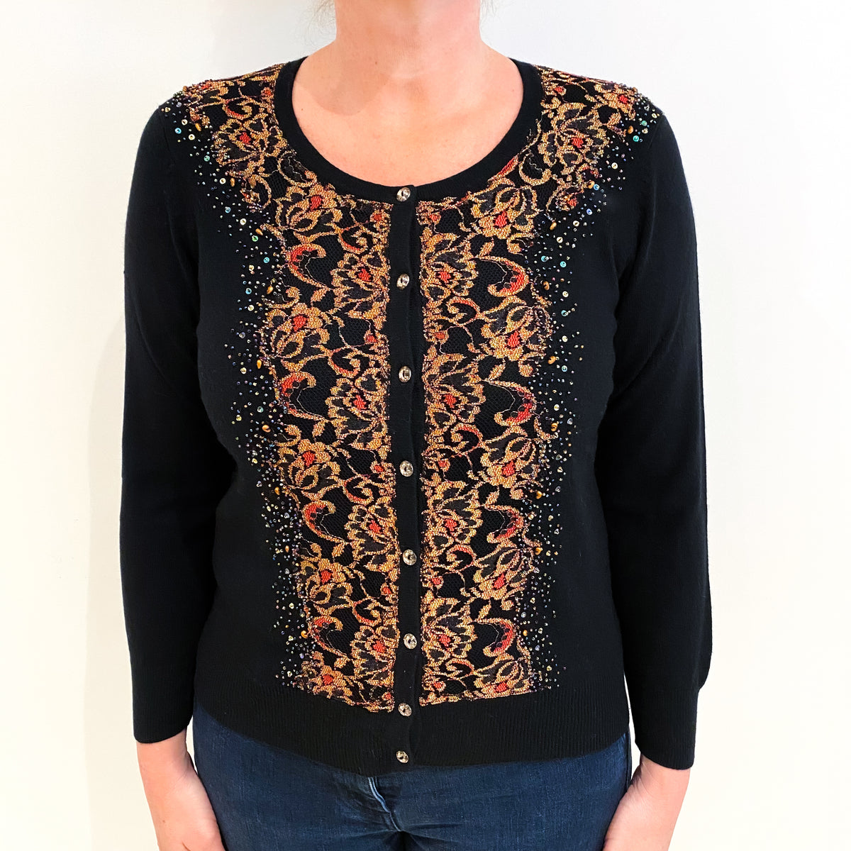 Black And Gold Patterned Cashmere Crew Neck Cardigan Large