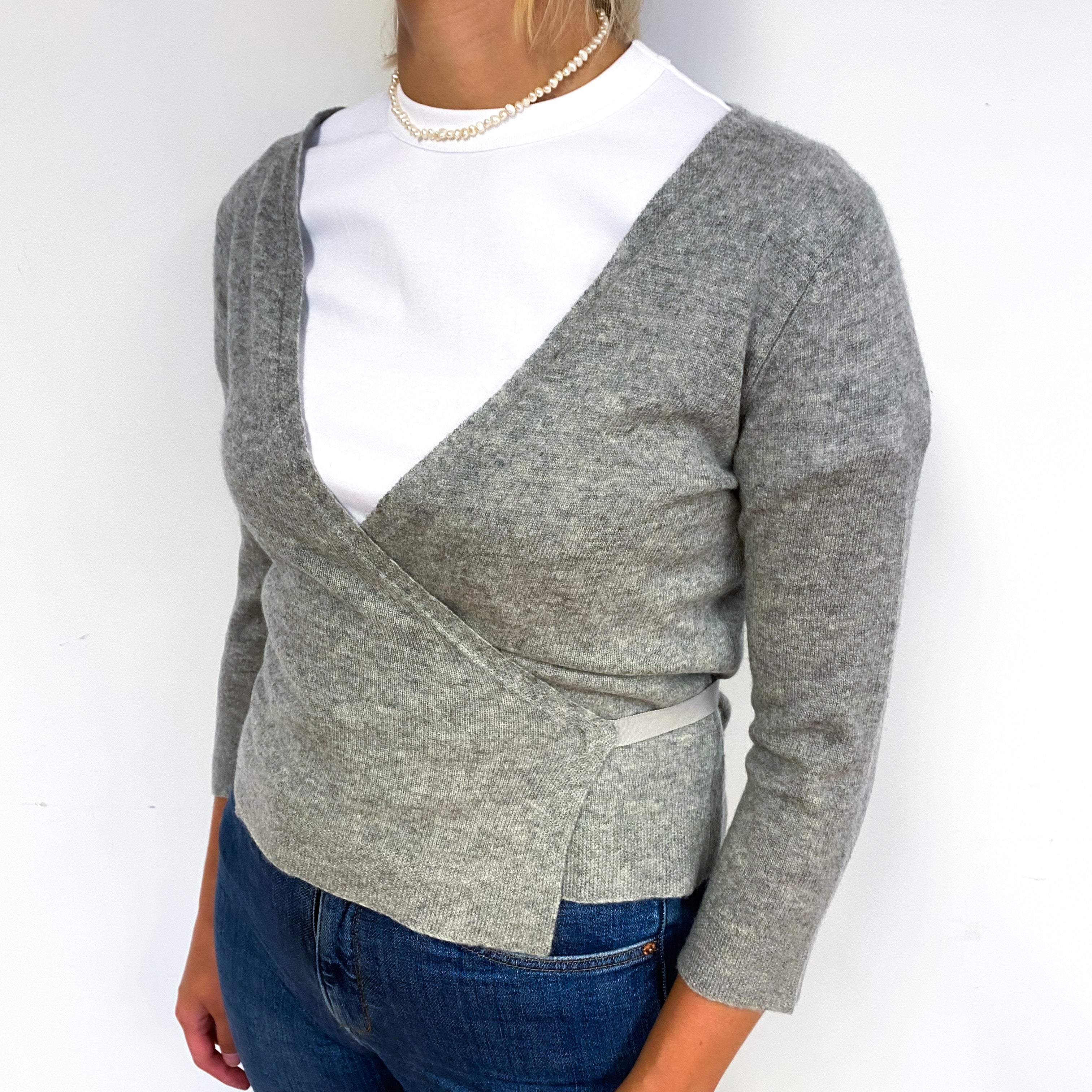 Ash Grey 3/4 Sleeve Cashmere Cross Over Cardigan Small