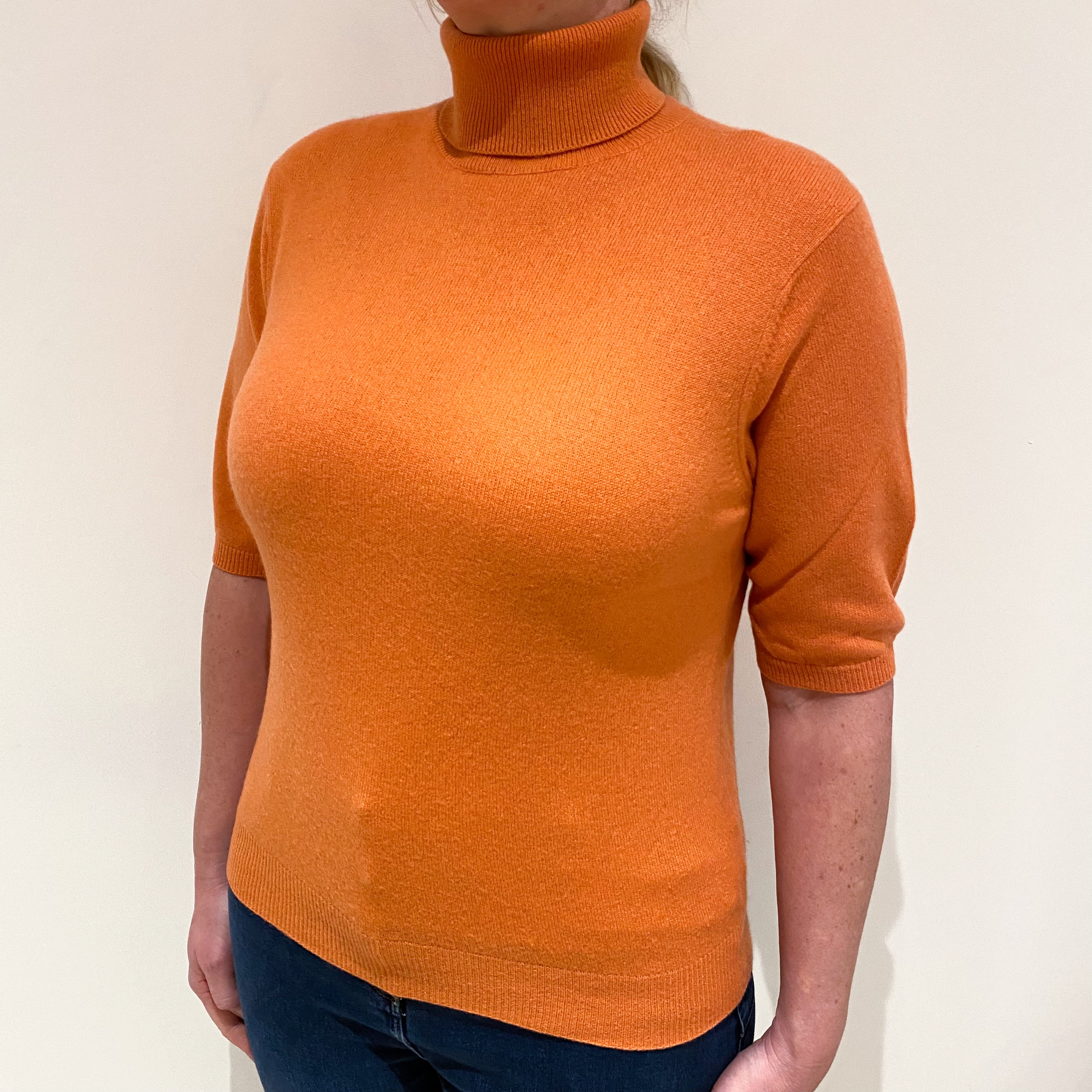 Pumpkin Orange Cashmere Short Sleeved Polo Neck Jumper Large