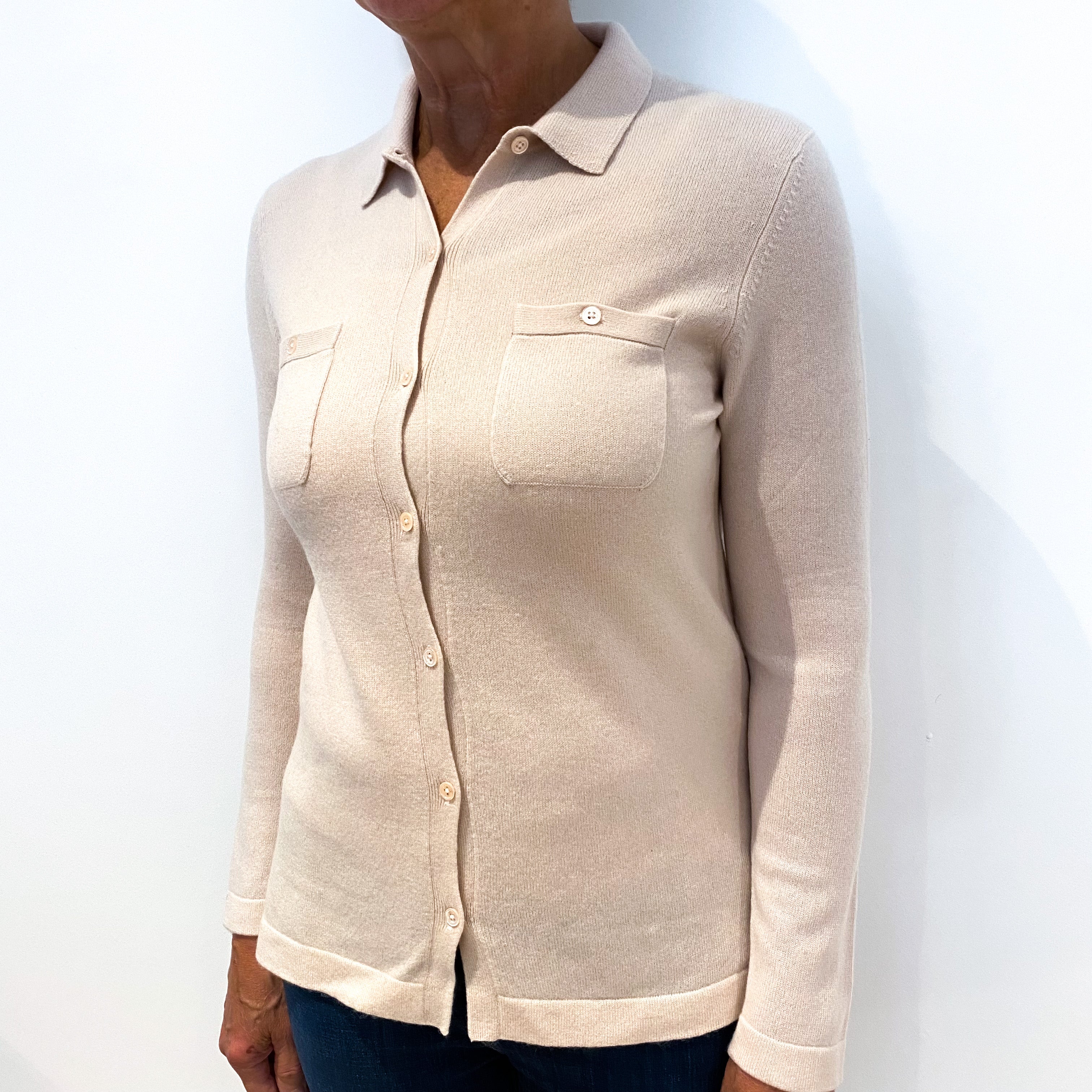 Oyster Pink Collared Cashmere Cardigan Medium