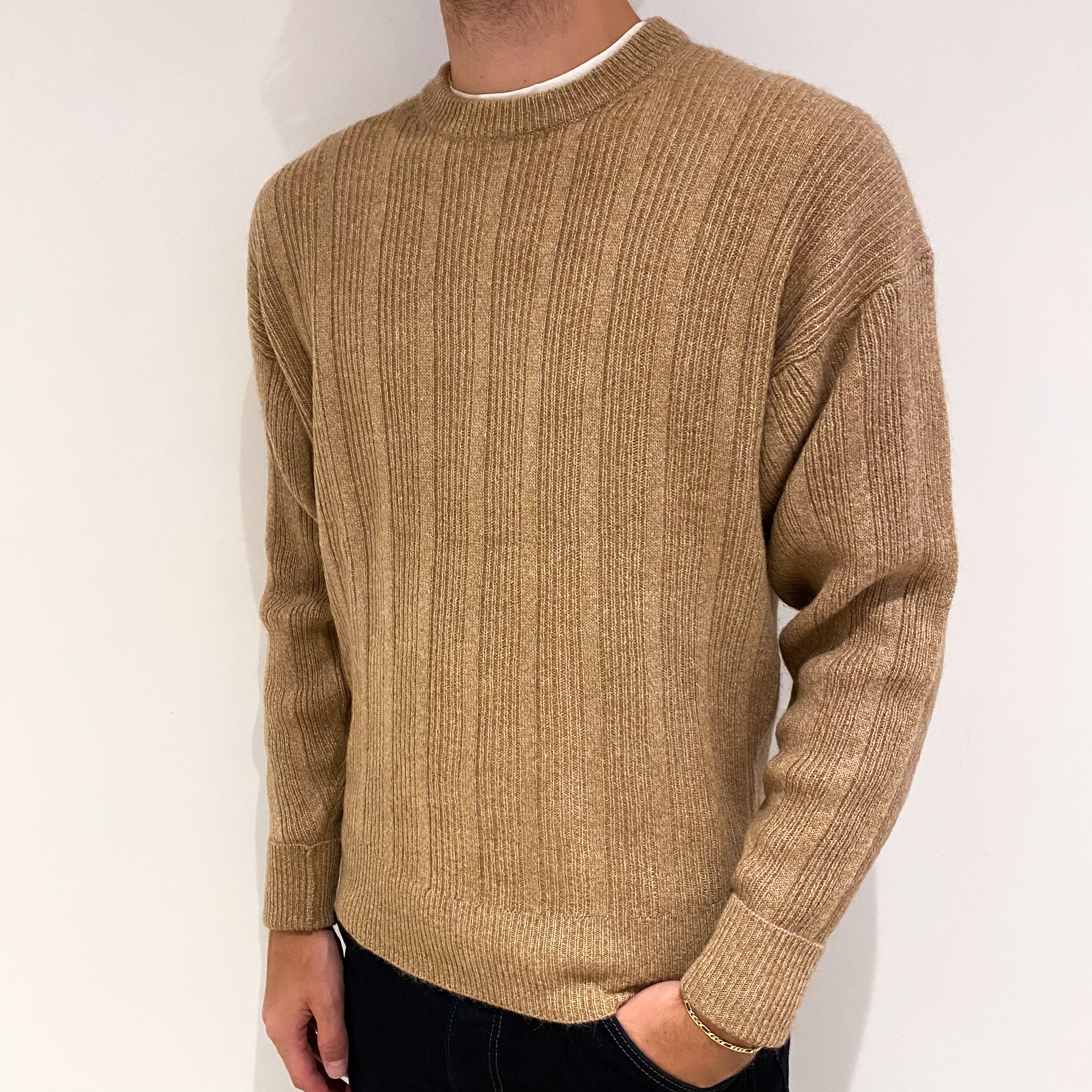 Men's Camel Brown Rib Cashmere Crew Neck Jumper Medium