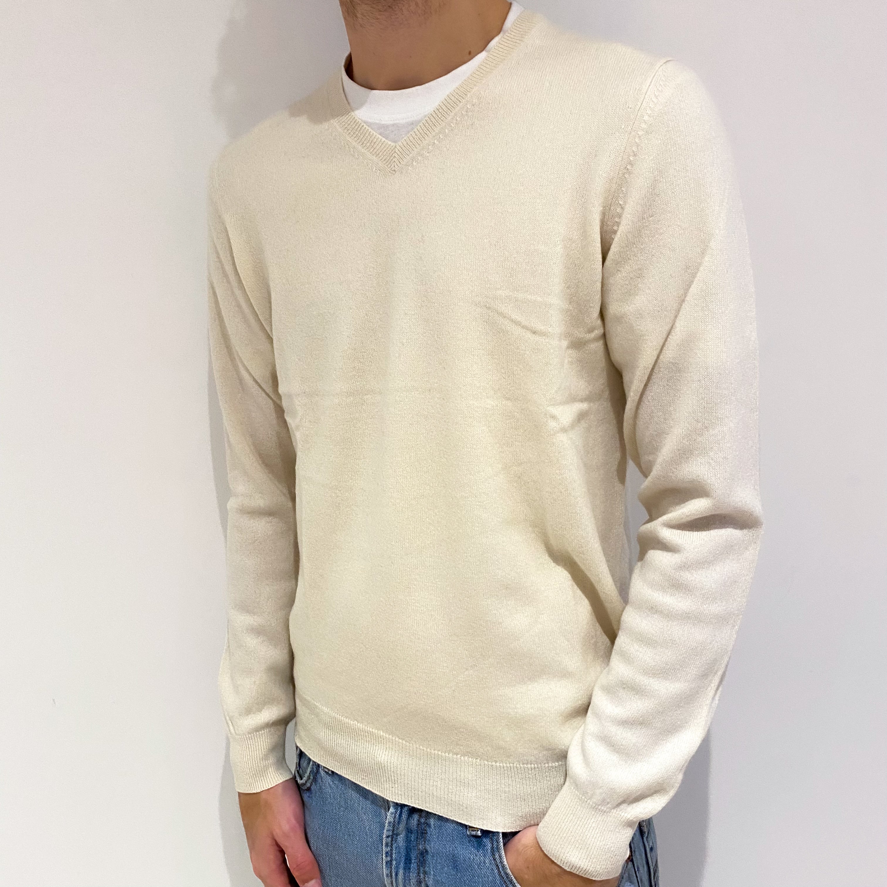 Men's Cream Cashmere V Neck Jumper Large