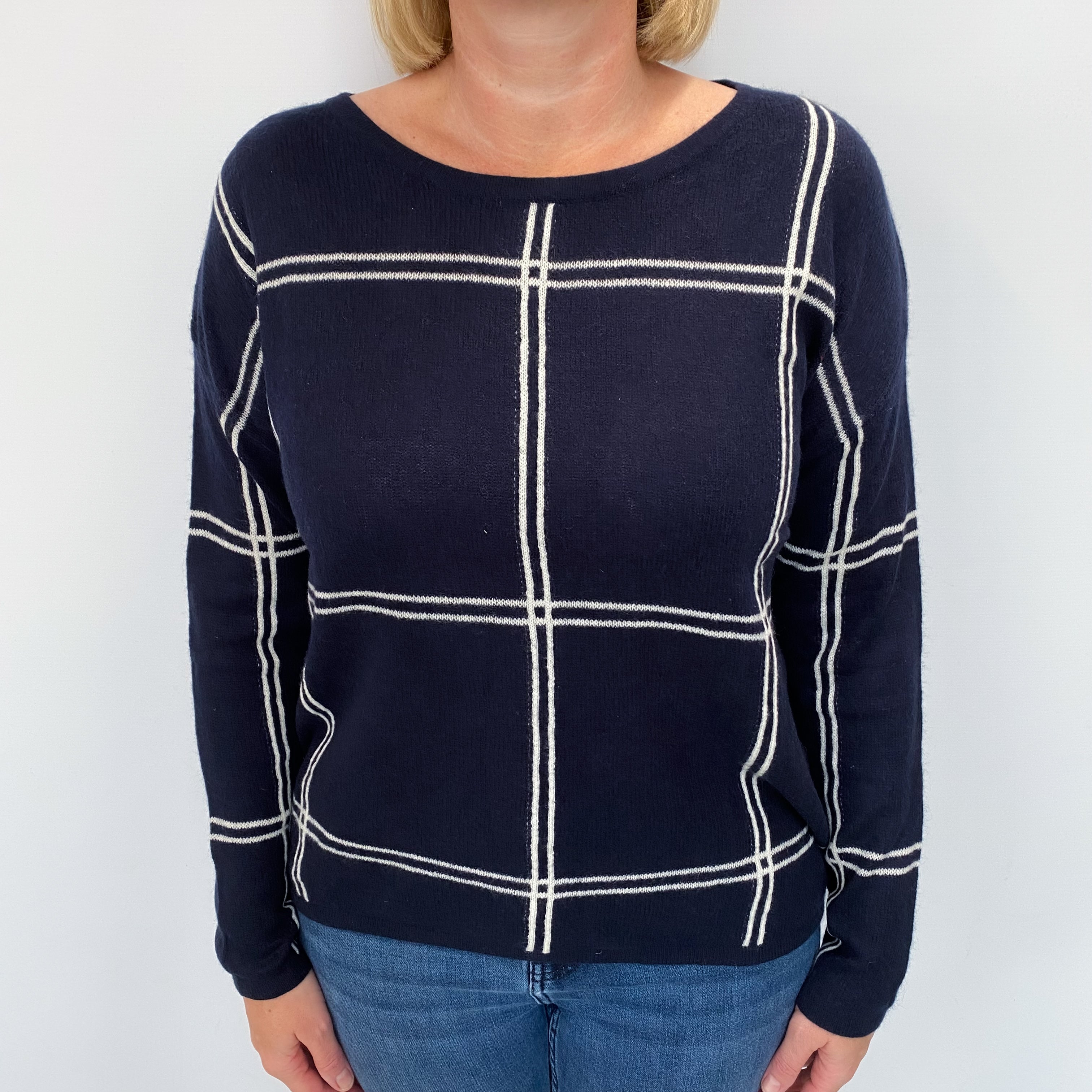Navy Checked Cashmere Crew Neck Jumper Large
