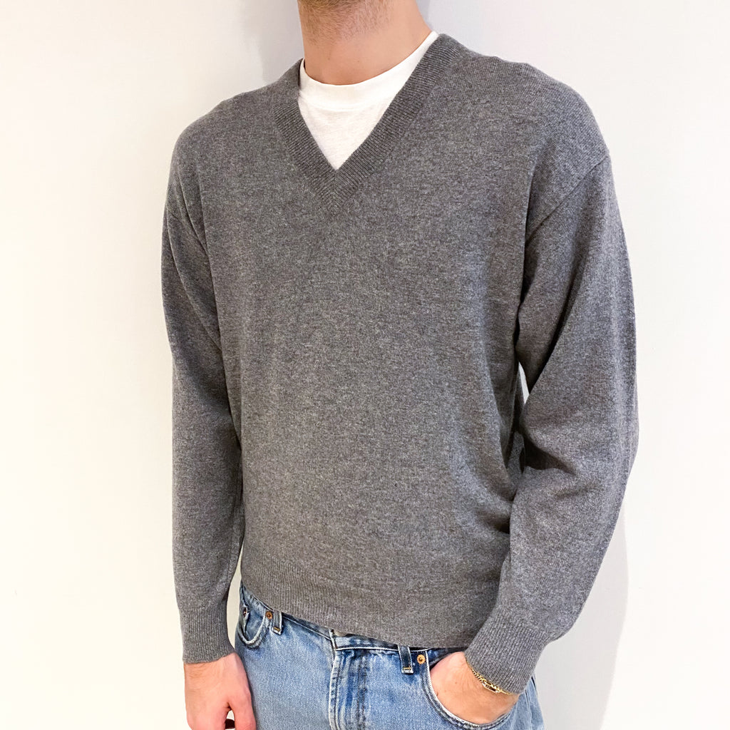 Men's Smoke Grey Cashmere V Neck Jumper Medium