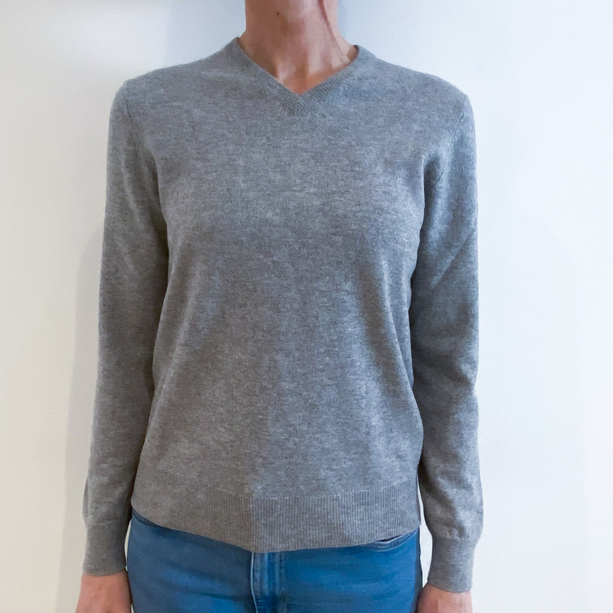 Smoke Grey Cashmere V Neck Jumper Small