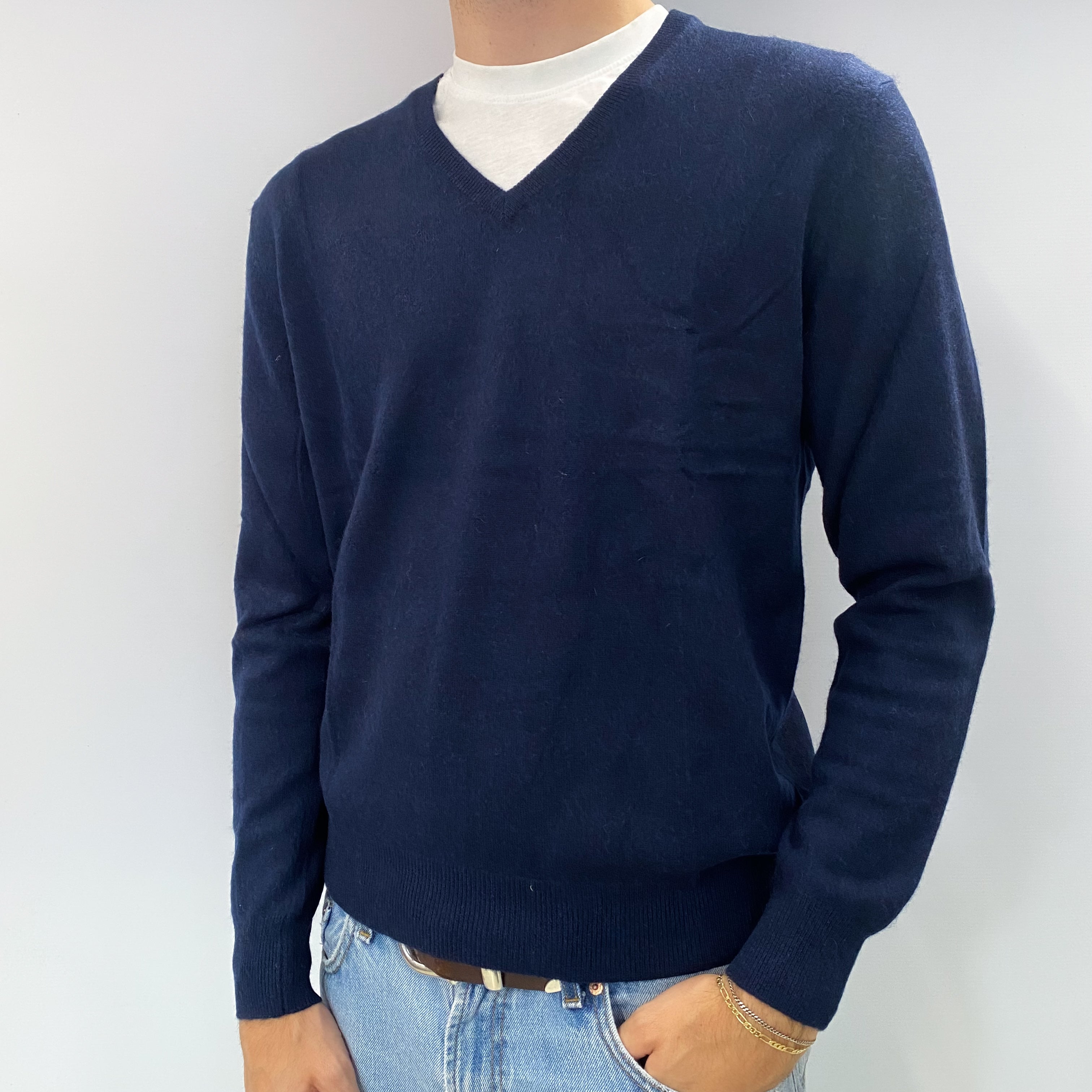 Men's Navy Blue Cashmere V Neck Jumper Large