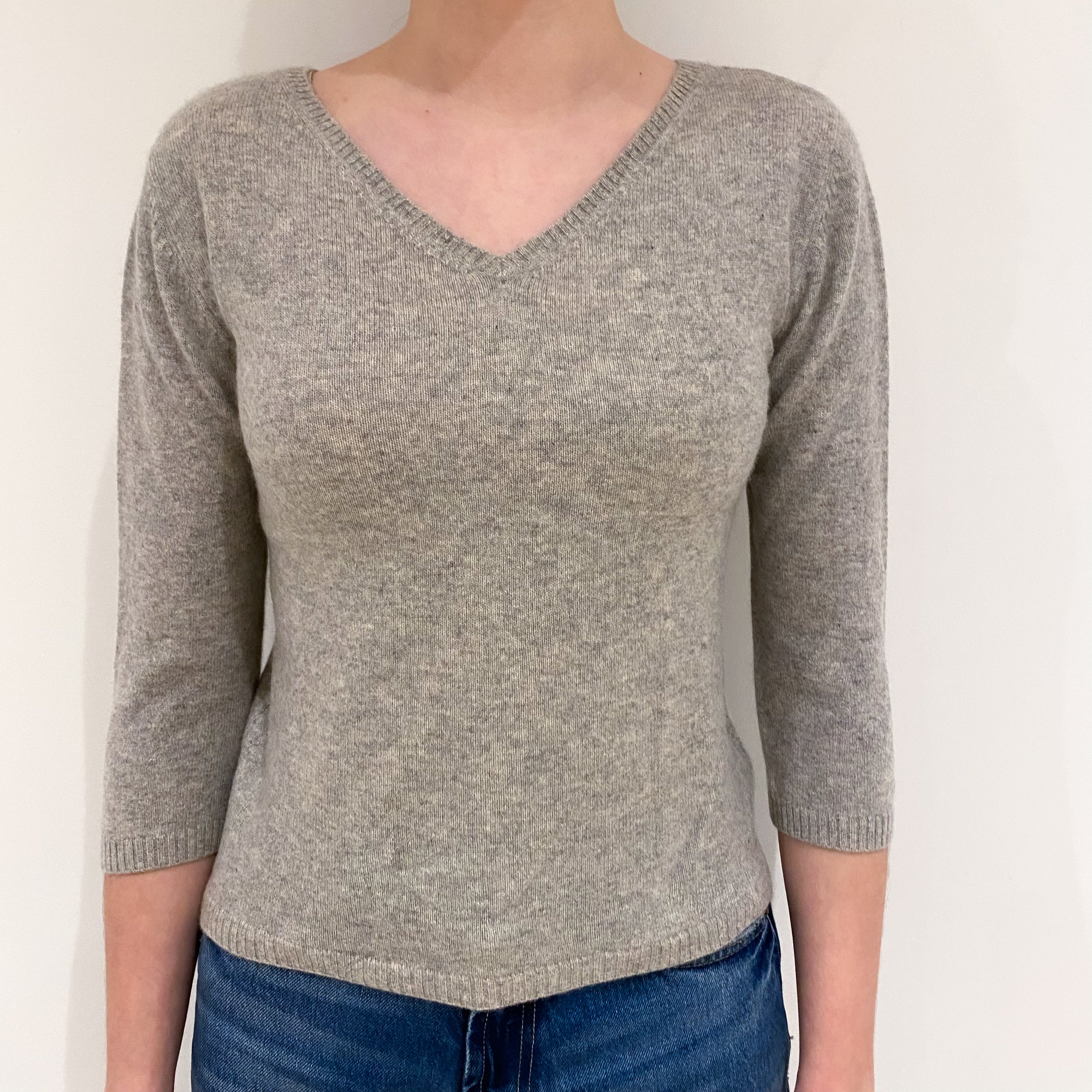 Smoke Grey 3/4 Sleeve Cashmere V Neck Jumper Extra Small