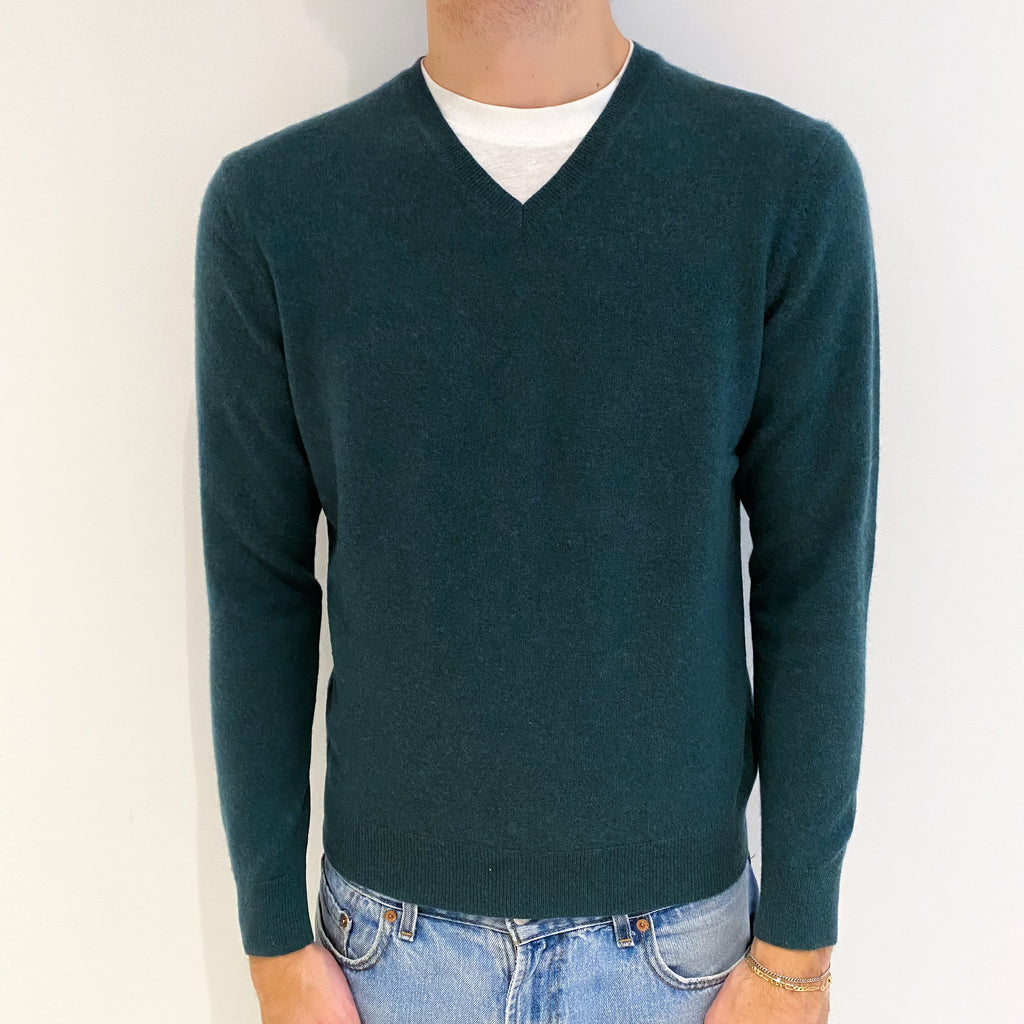 Men's Spruce Green Cashmere V Neck Jumper Large