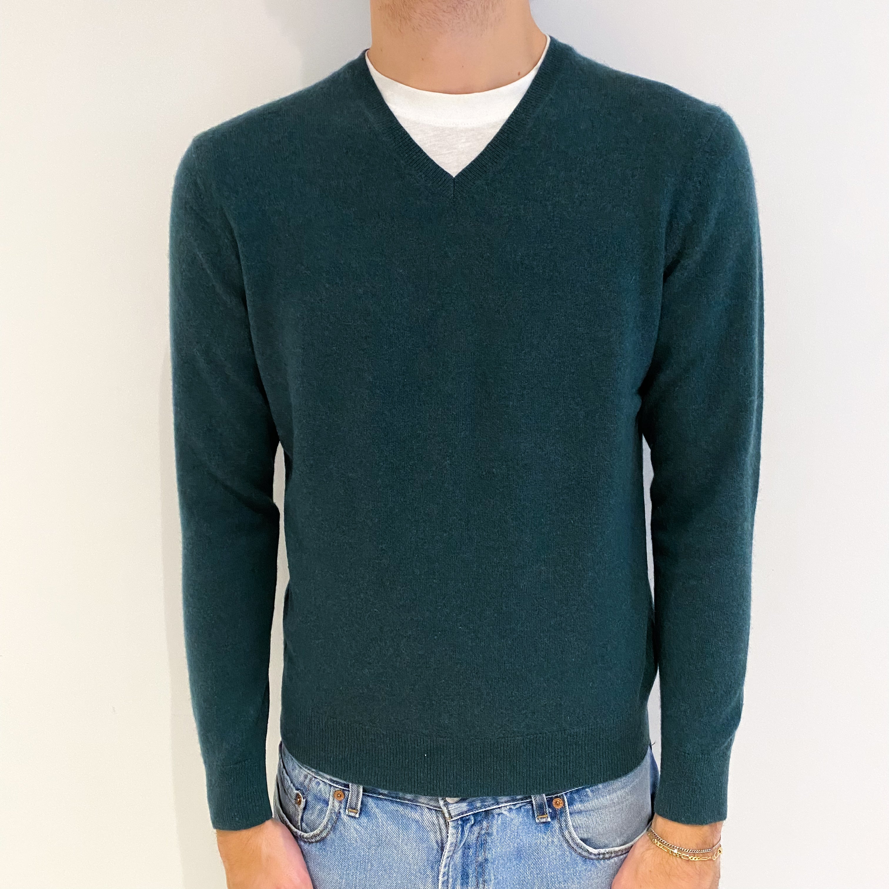 Men's Spruce Green Cashmere V Neck Jumper Large