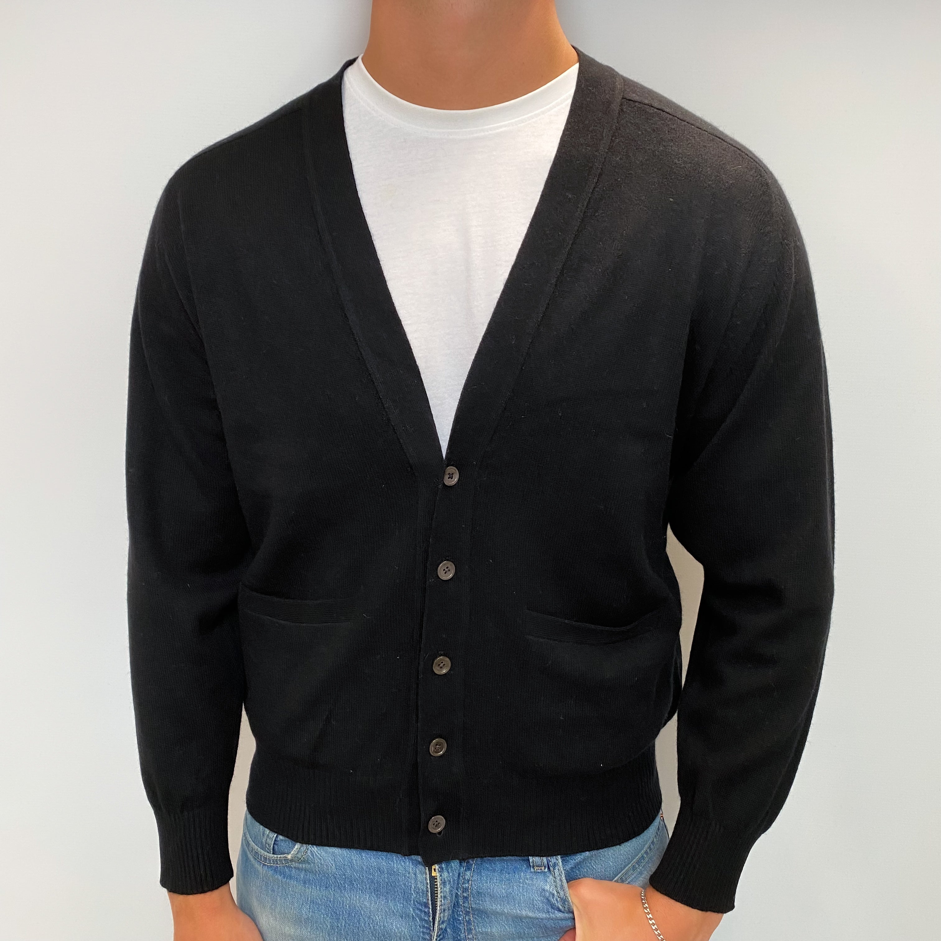 Men's Black Cashmere V Neck Cardigan XL