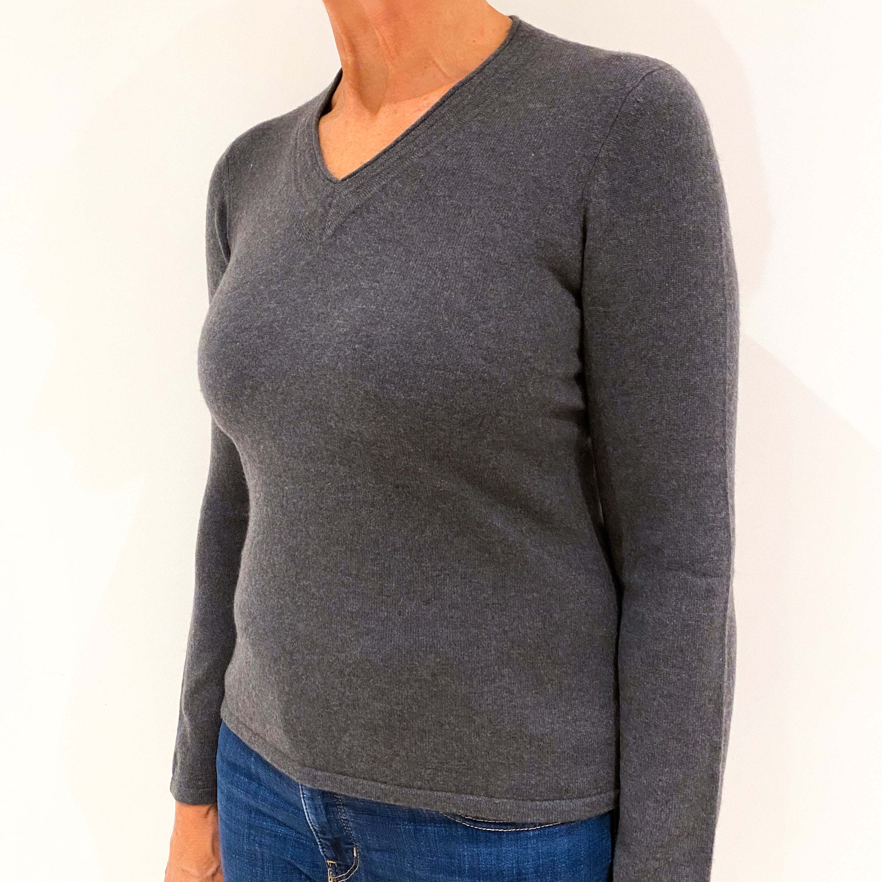 Slate Grey Cashmere V-Neck Jumper Medium