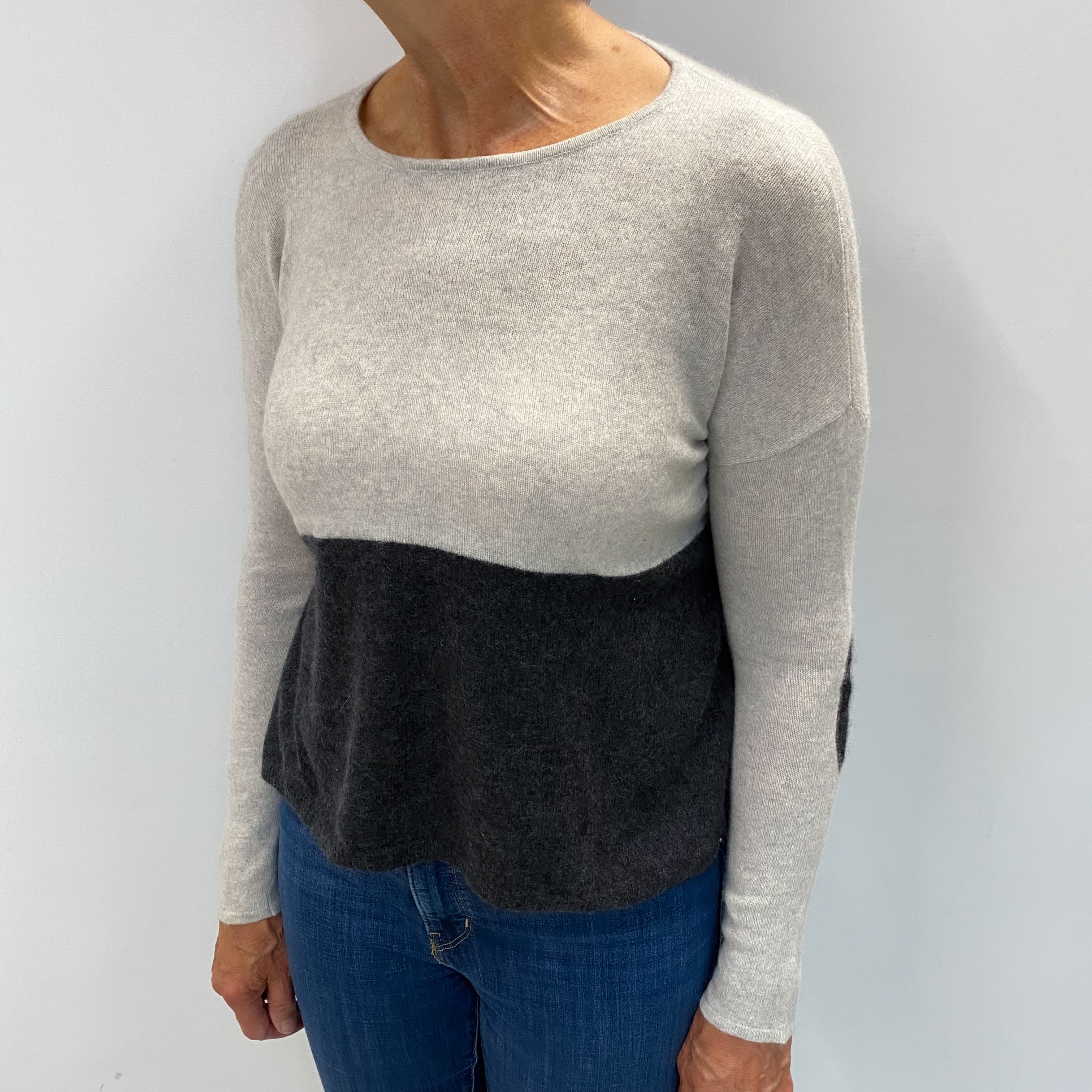 Smoke Grey and Ash Grey Contrast Cashmere Crew Neck Jumper Medium