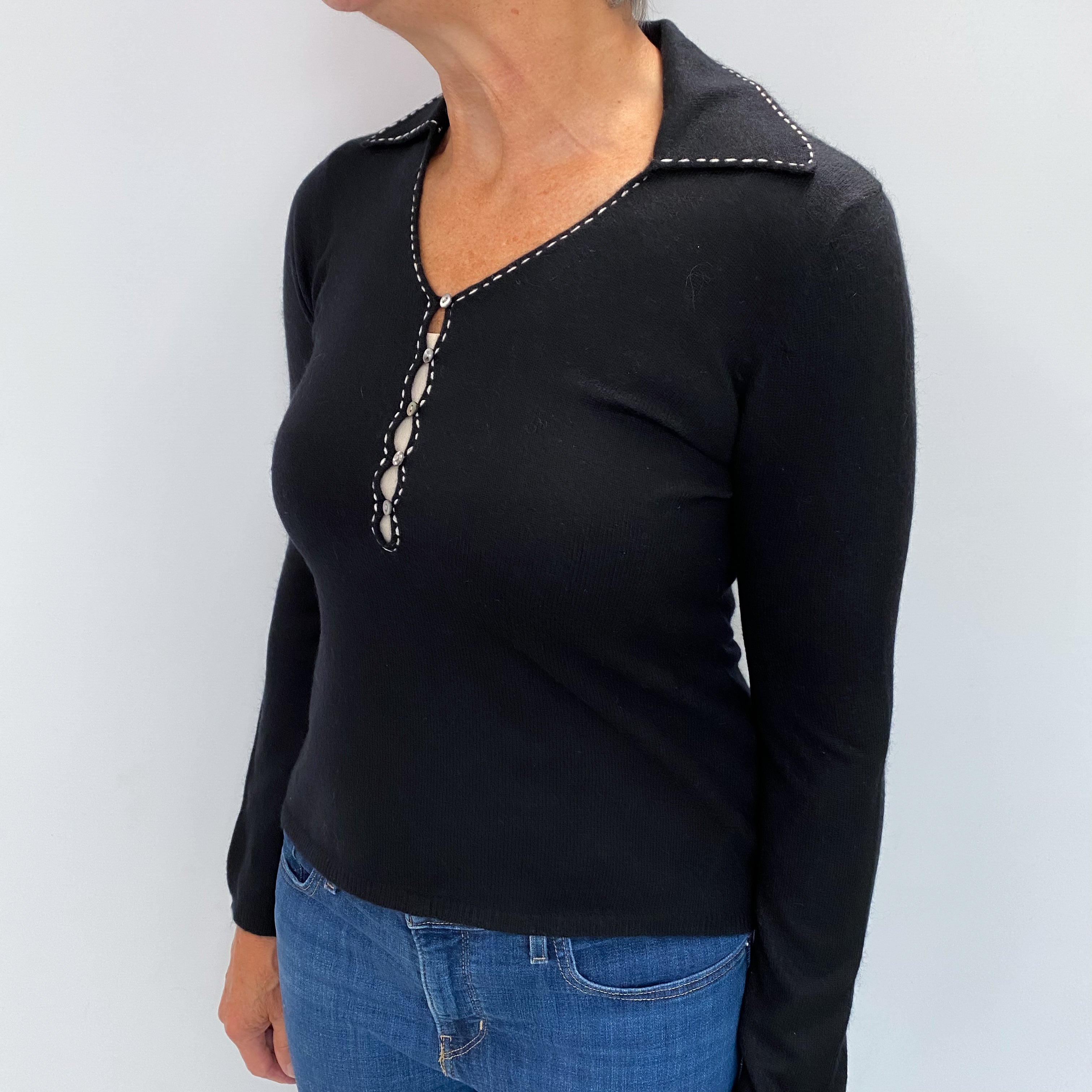 Black Cashmere Collared V Neck Jumper Medium