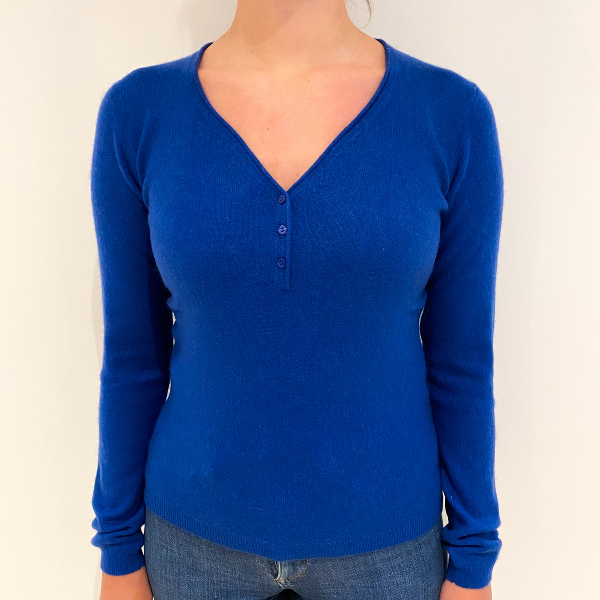 Admiral Blue Cashmere Buttoned V Neck Jumper Small