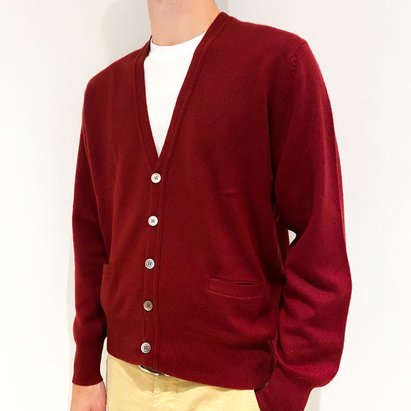 Men's Crimson Red Cashmere V-Neck Cardigan with Pockets Large