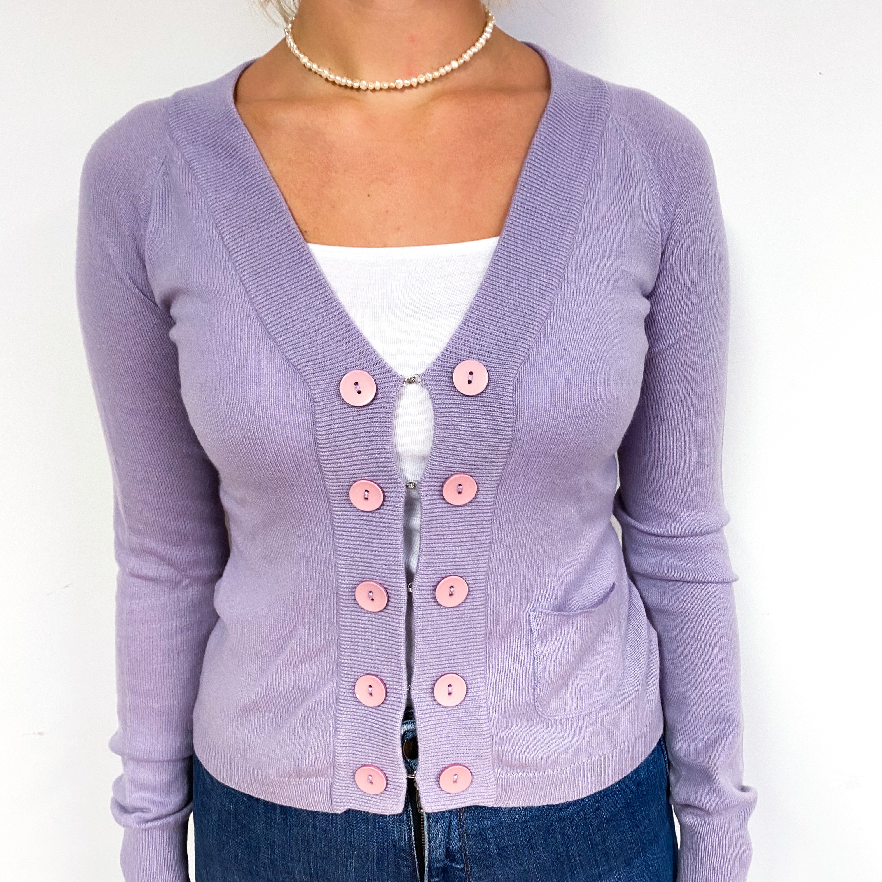 Pale Purple Hook and Eye Cashmere V-Neck Cardigan Small