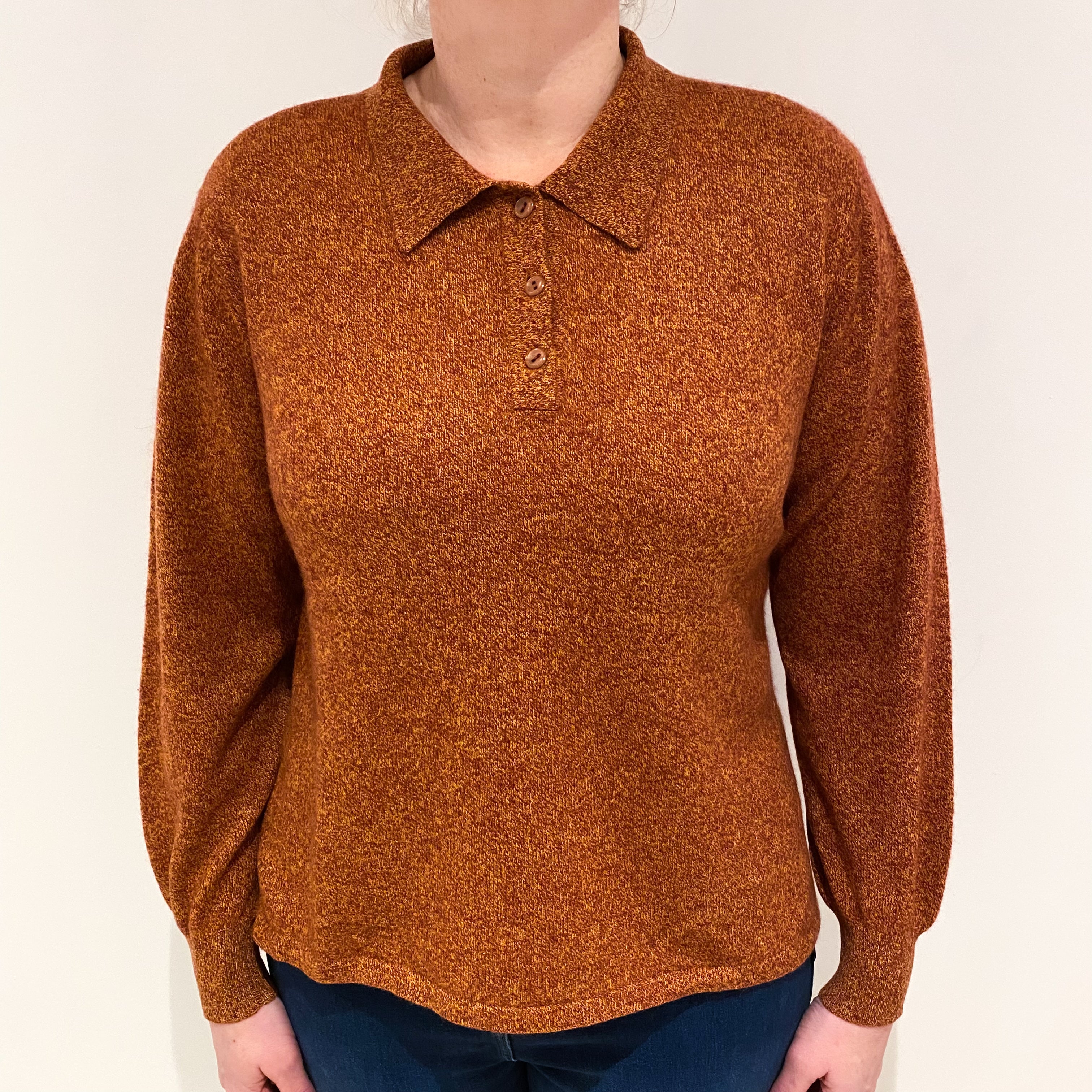 Rust Marl Cashmere Collared Crew Neck Jumper with Slit Sides Large